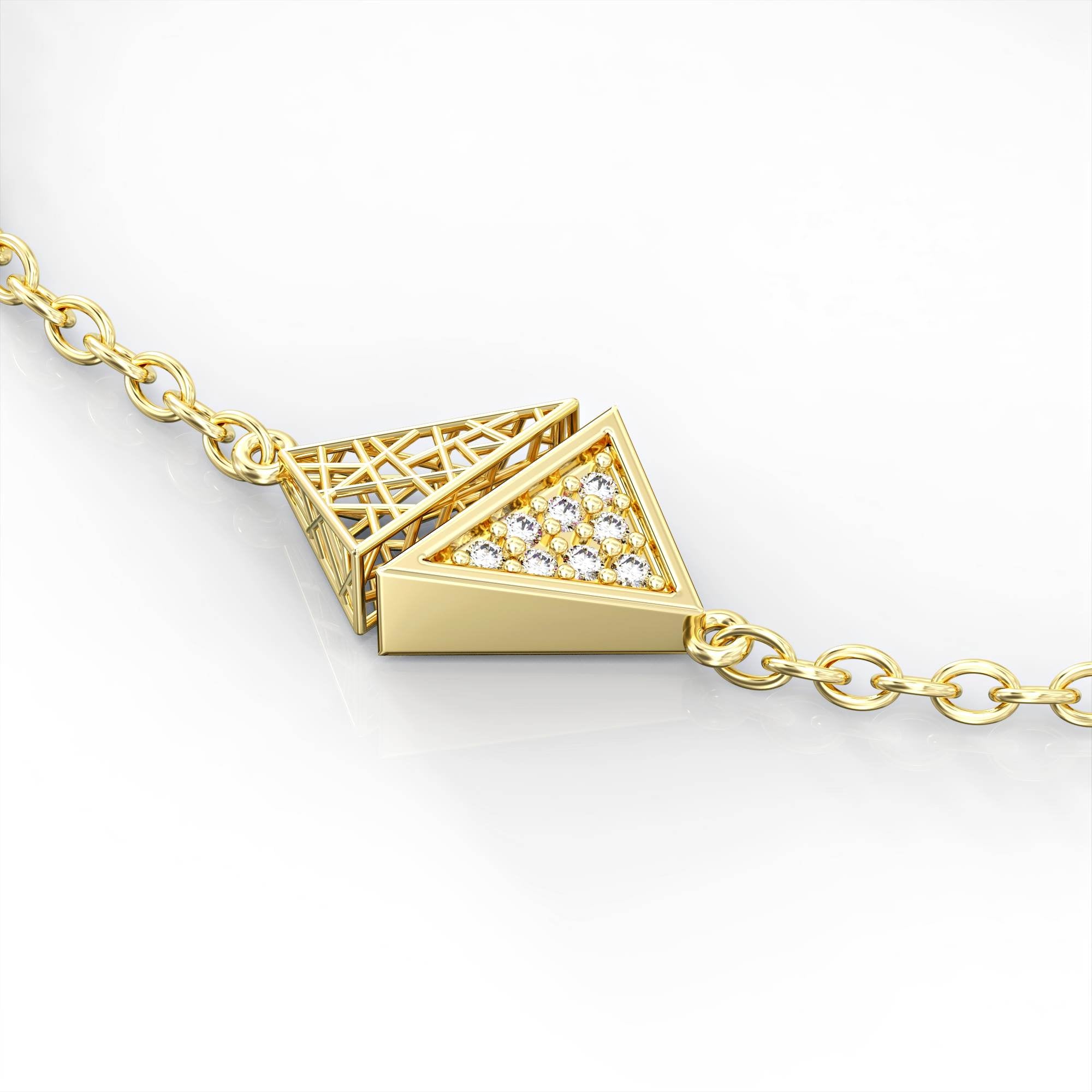 צמיד "קונטרסט" משולשים- צמיד רשת זהב משובץ יהלומים