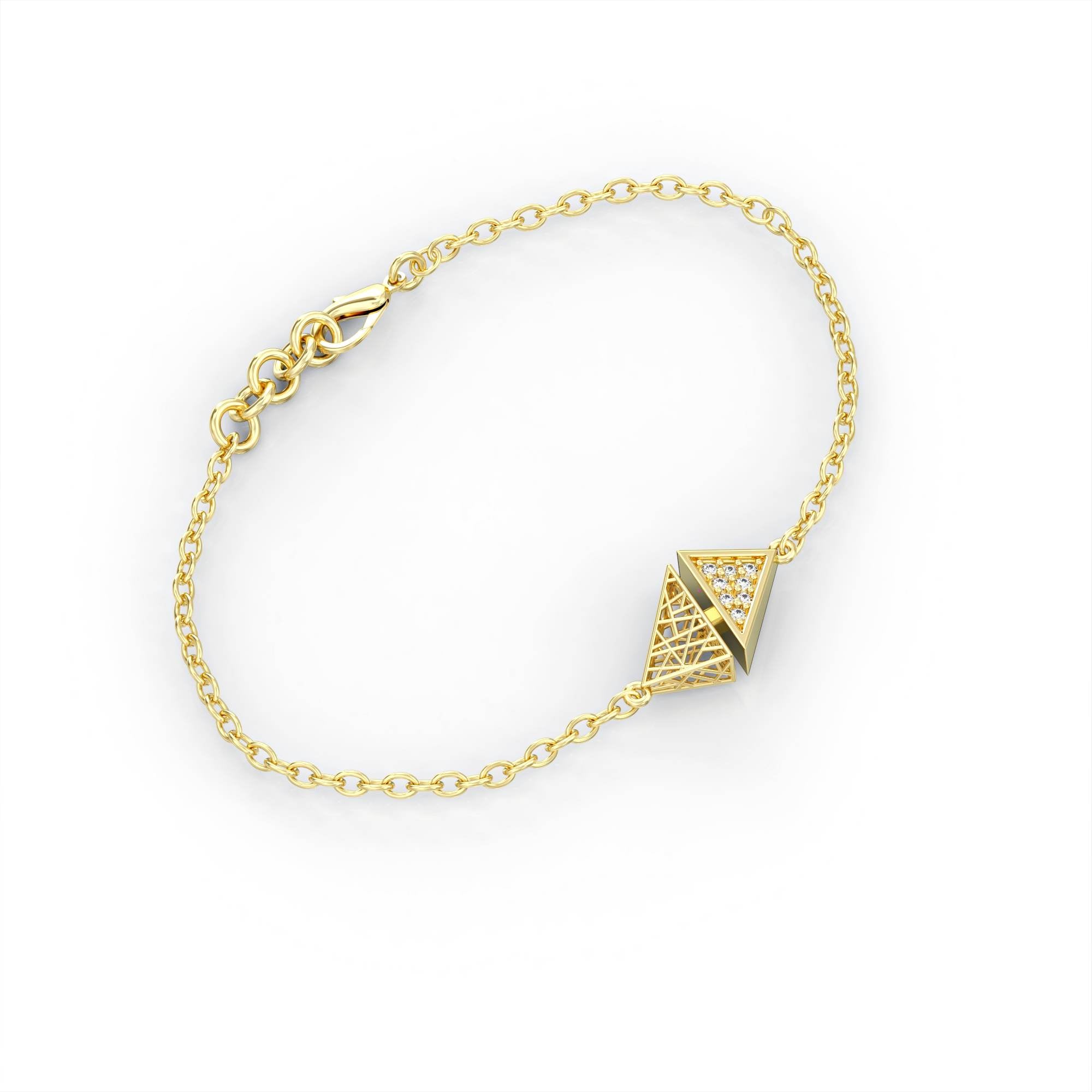 צמיד "קונטרסט" משולשים- צמיד רשת זהב משובץ יהלומים