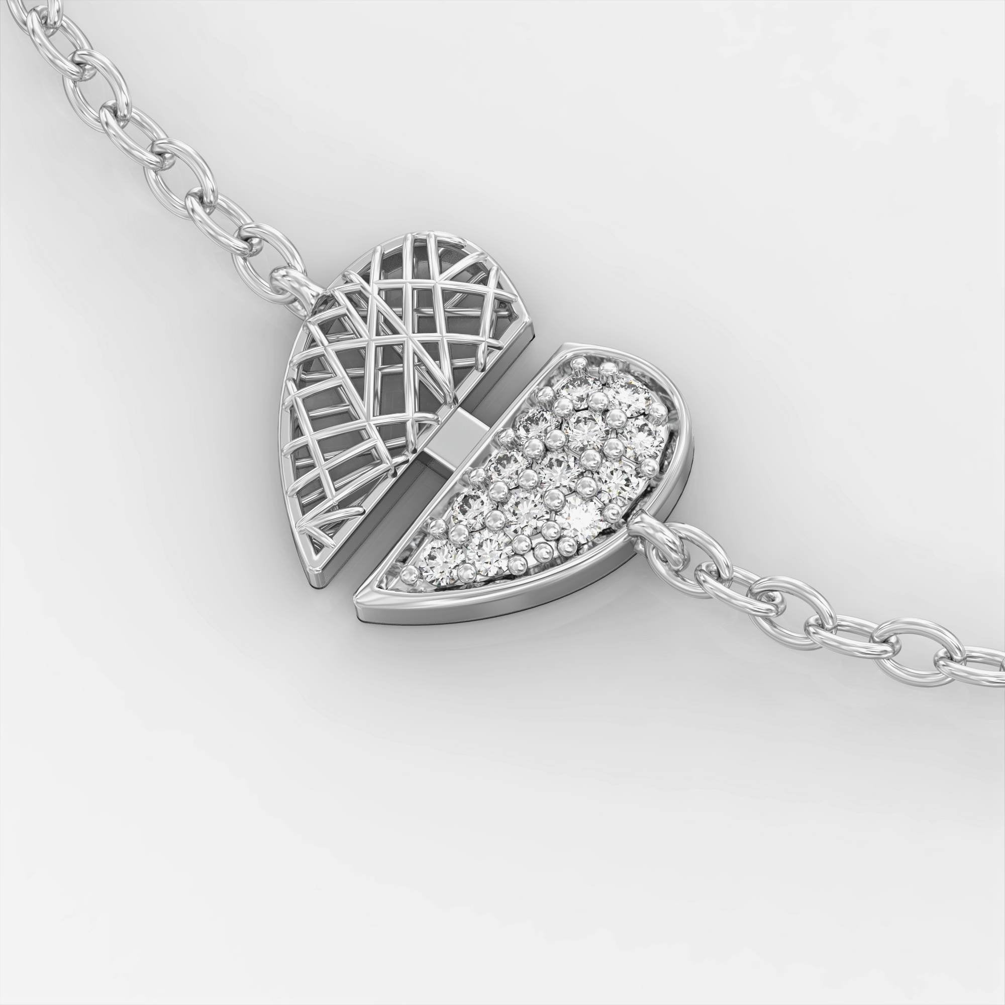 צמיד "קונטרסט" לב - צמיד רשת זהב משובץ יהלומים