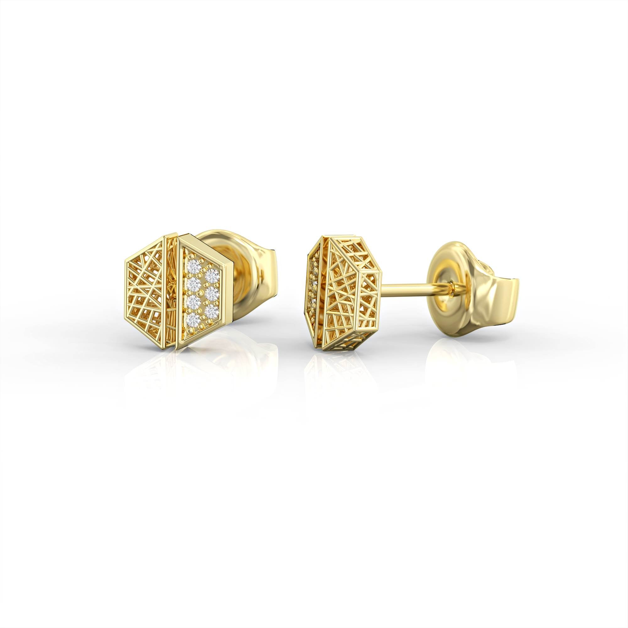 "Contrast" hexagonal earrings - gold mesh earring studded with diamonds