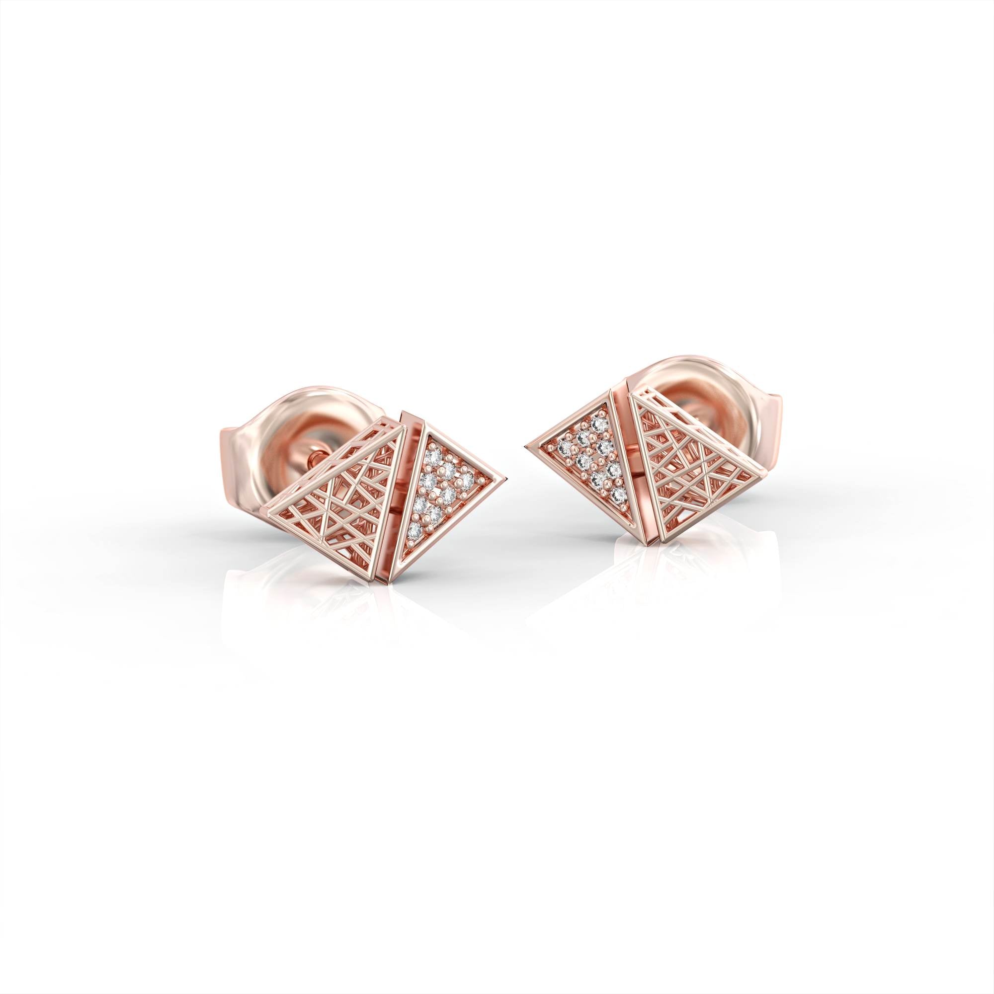 Triangle "contrast" earrings - gold mesh earrings studded with diamonds