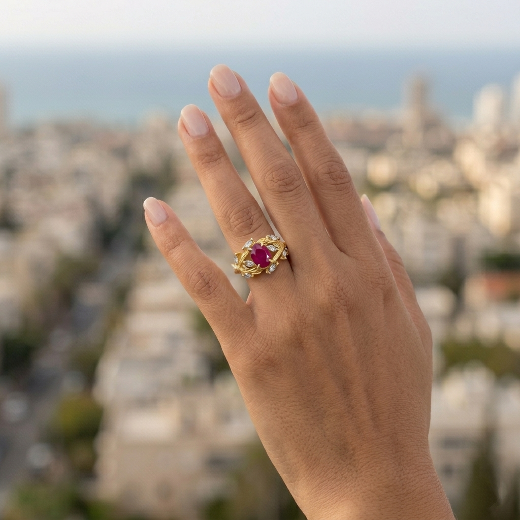 טבעת לוטם - טבעת ענפים עם אבן רובי אובלית ויהלומי מרקיזה