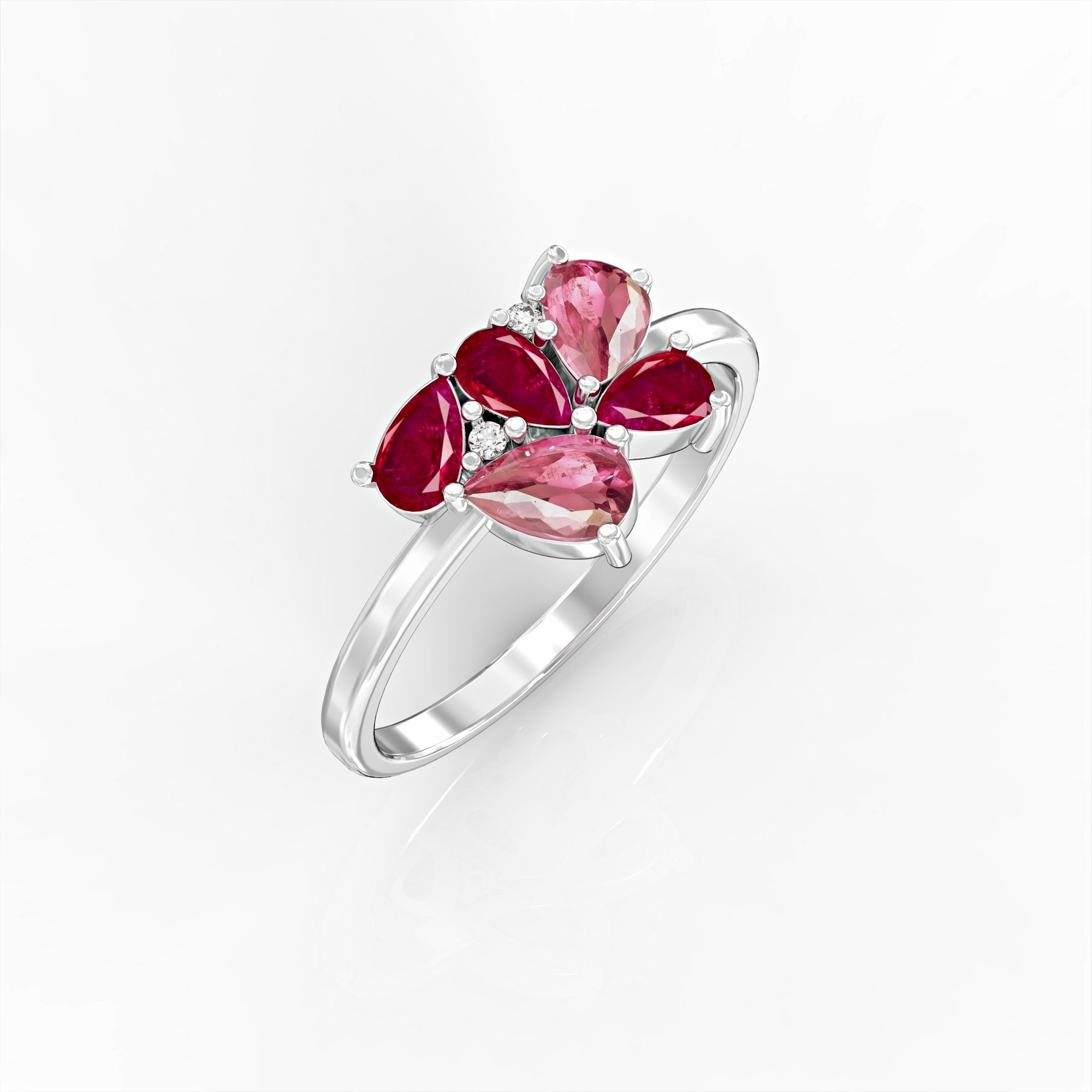 Scholarship ring - a cluster ring set with oval rubies, drop morganite and diamonds