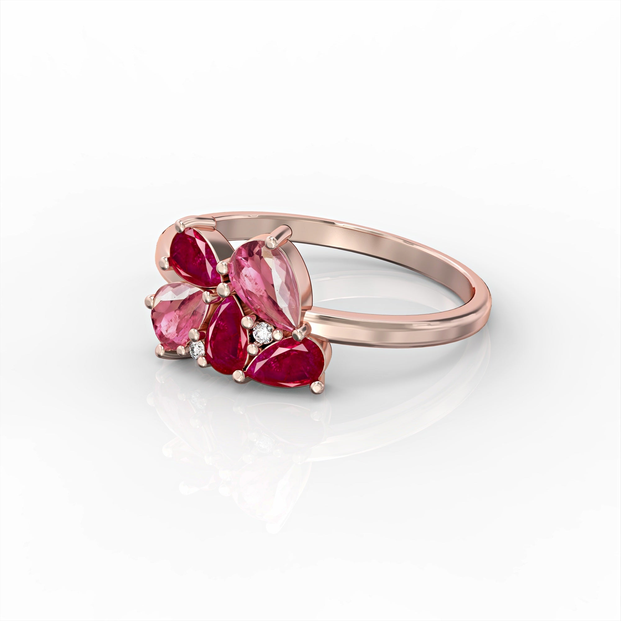 Scholarship ring - a cluster ring set with oval rubies, drop morganite and diamonds