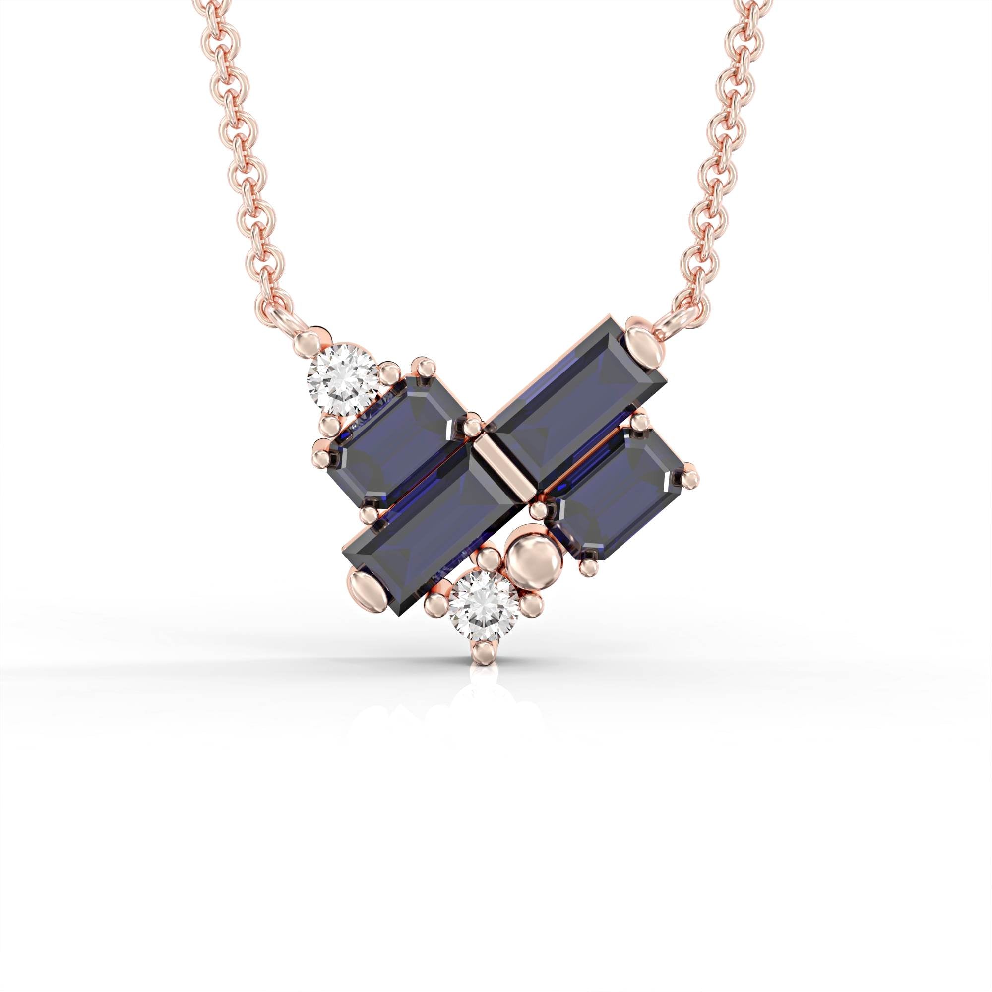 שרשרת פריז- תליון קלאסטר לב א-סימטרי משובץ אבני ספיר אוקטגון ובגט ויהלומים