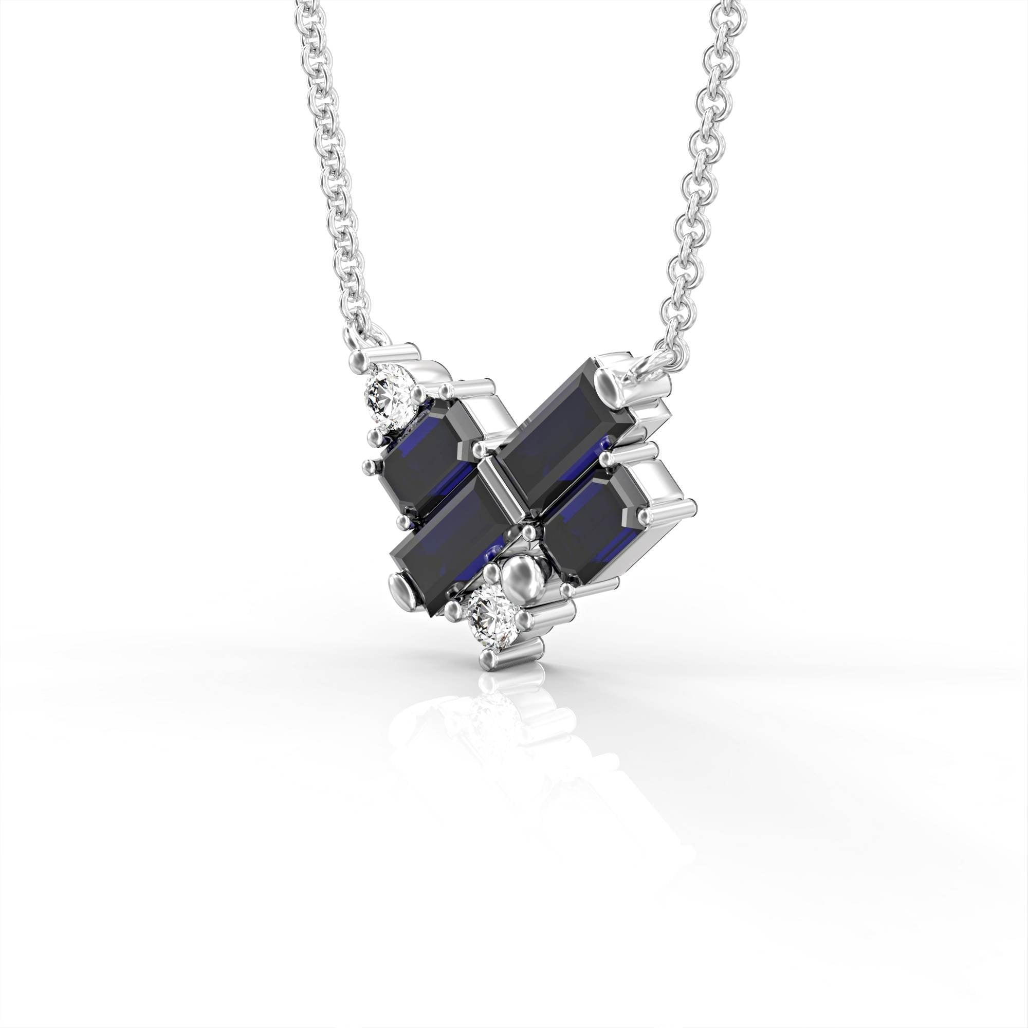 שרשרת פריז- תליון קלאסטר לב א-סימטרי משובץ אבני ספיר אוקטגון ובגט ויהלומים