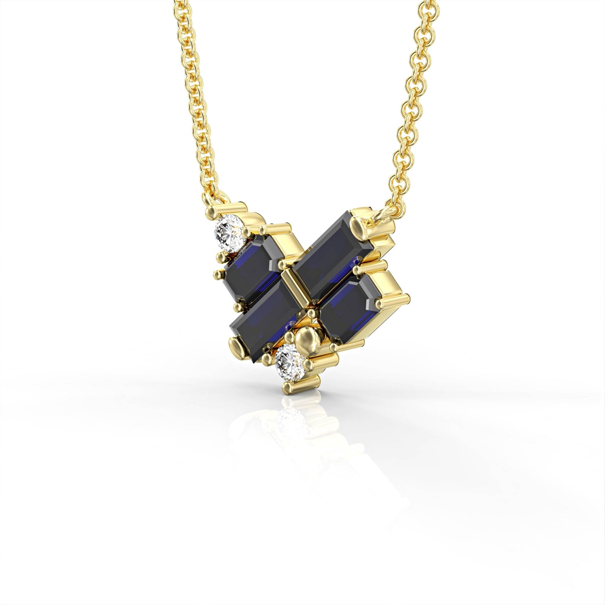 שרשרת פריז- תליון קלאסטר לב א-סימטרי משובץ אבני ספיר אוקטגון ובגט ויהלומים