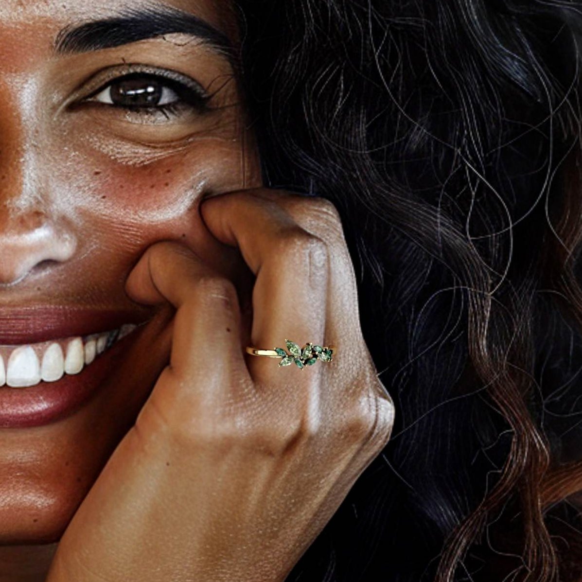Santorini ring - marquise cluster ring set with emerald and peridot
