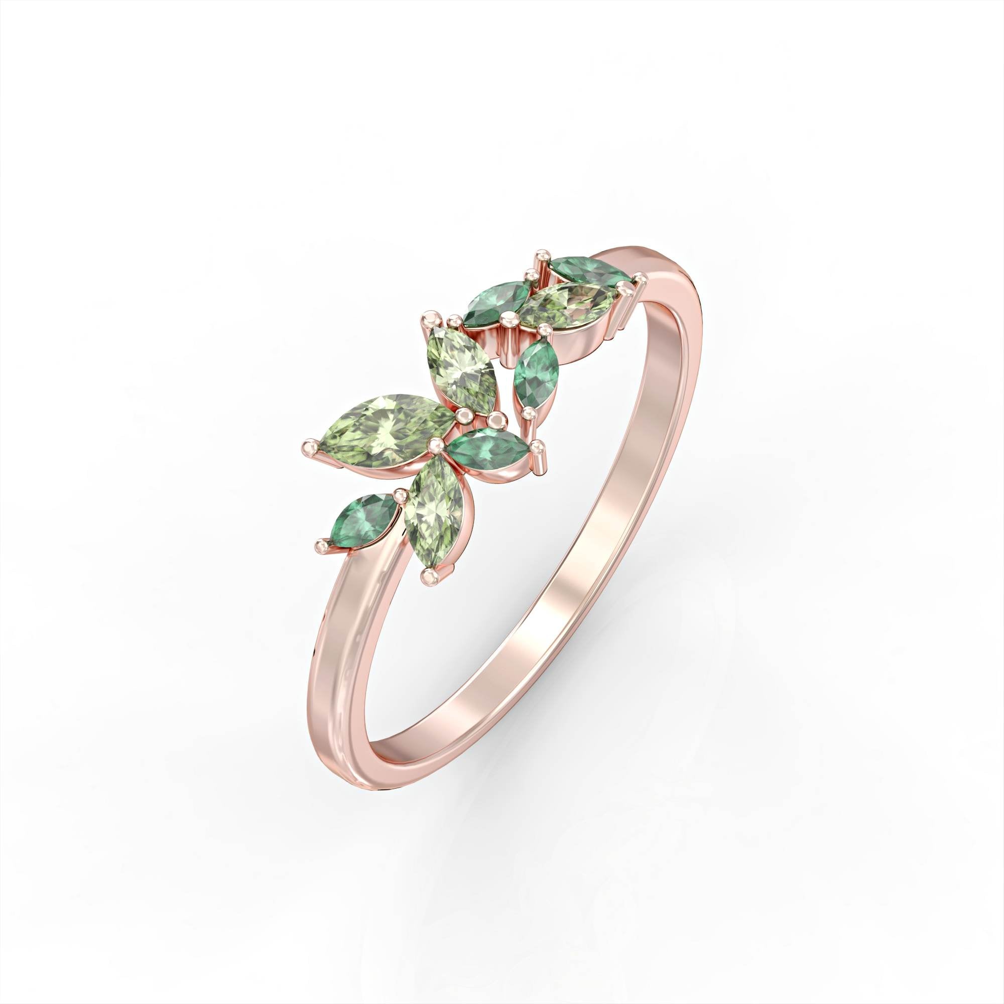 Santorini ring - marquise cluster ring set with emerald and peridot