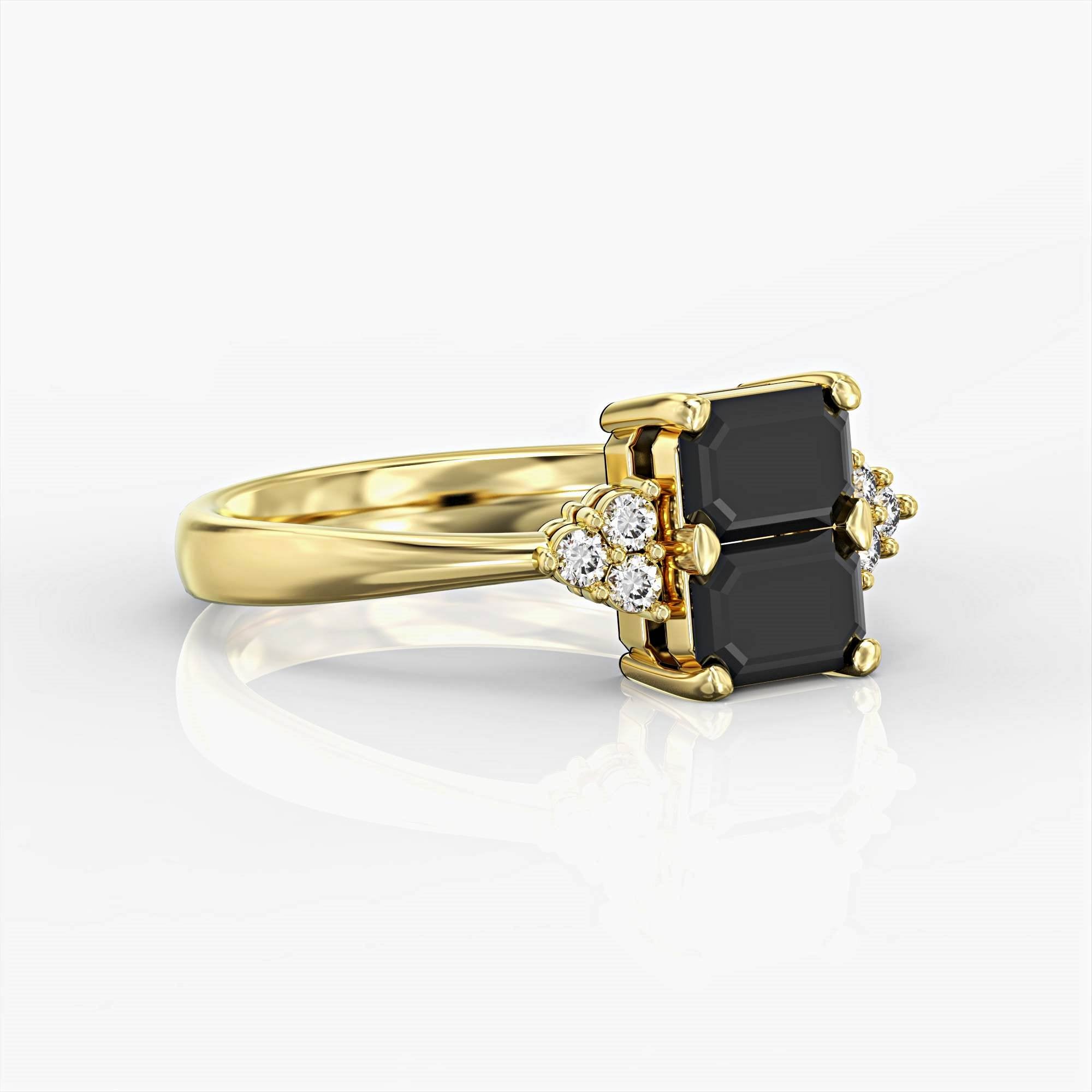 טבעת סימפרה - טבעת משובצת יהלומים שחורים מלבניים ויהלומים לבנים Siempre