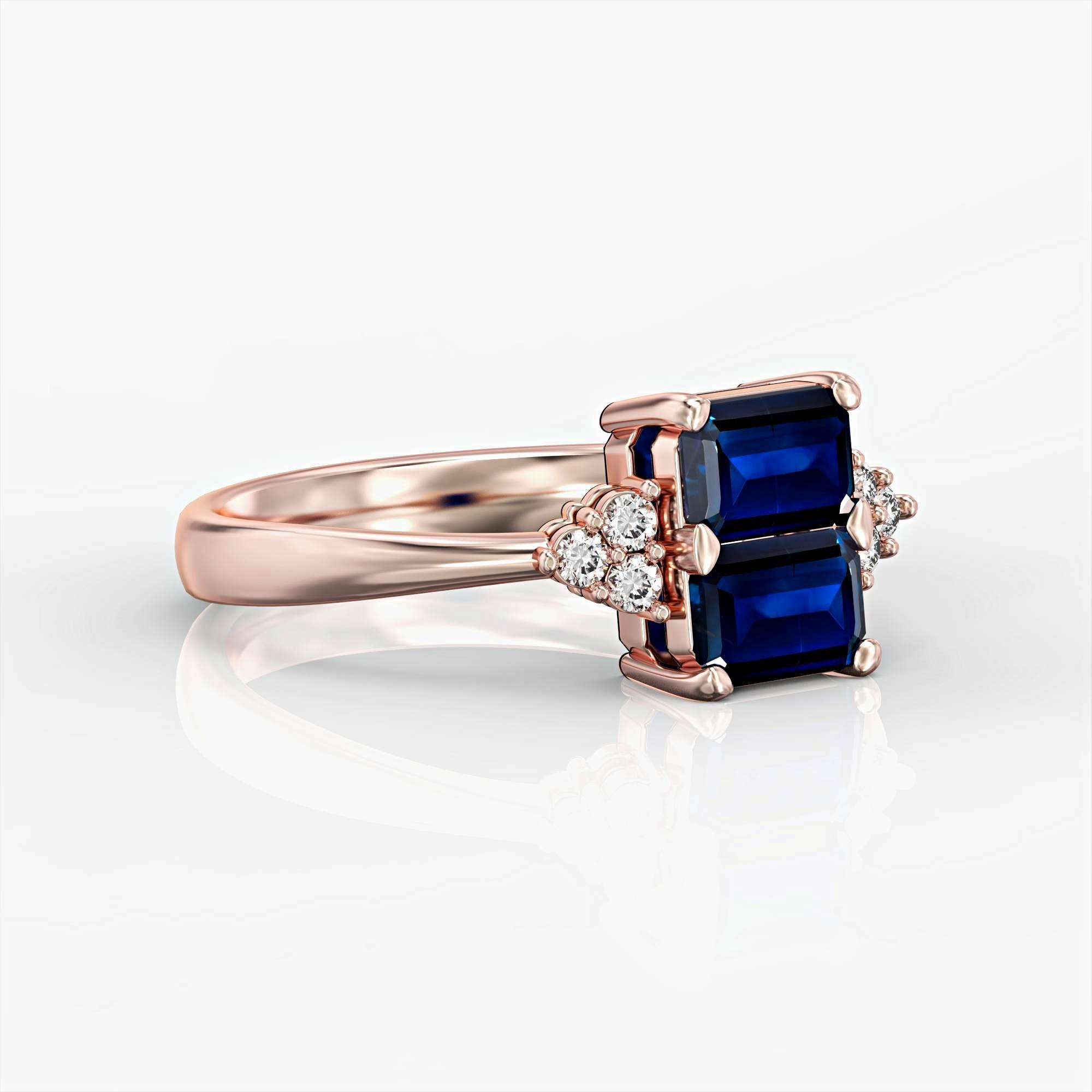 טבעת סימפרה - טבעת משובצת ספיר מלבניים ויהלומים Siempre