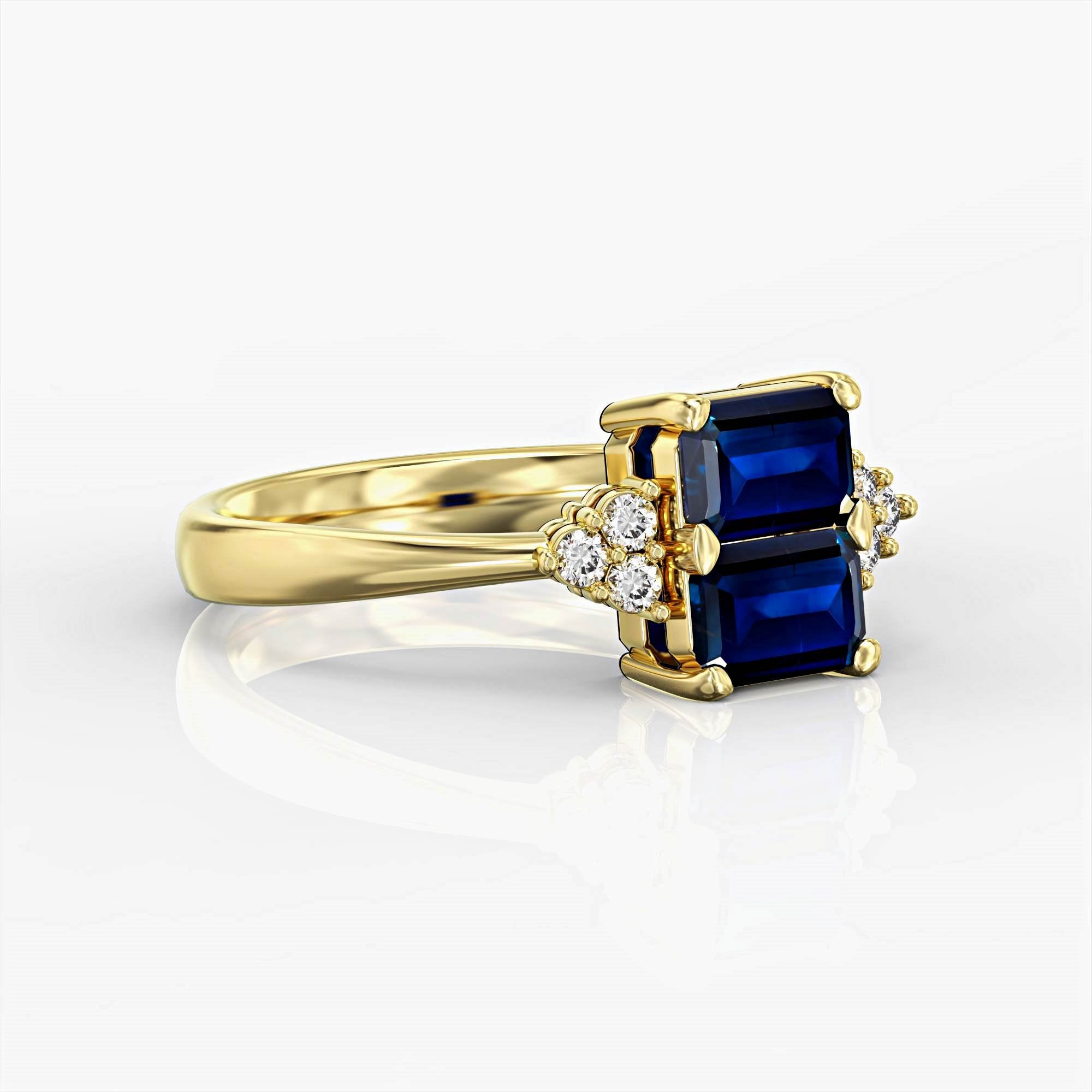 טבעת סימפרה - טבעת משובצת ספיר מלבניים ויהלומים Siempre