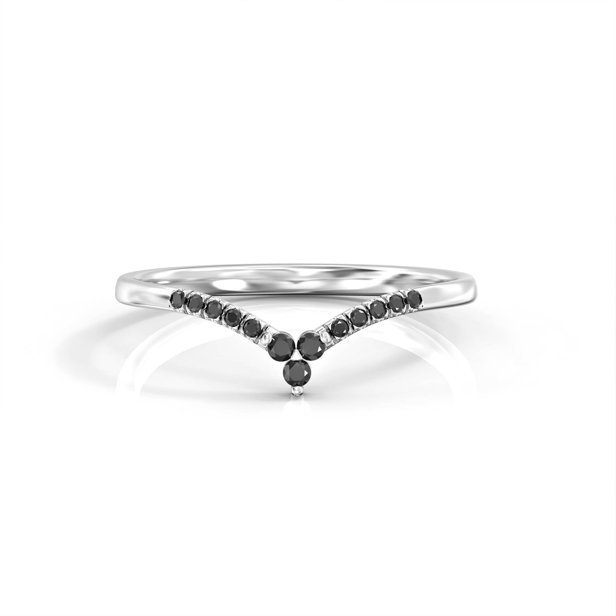 White tadpole ring - V ring studded with black diamonds 