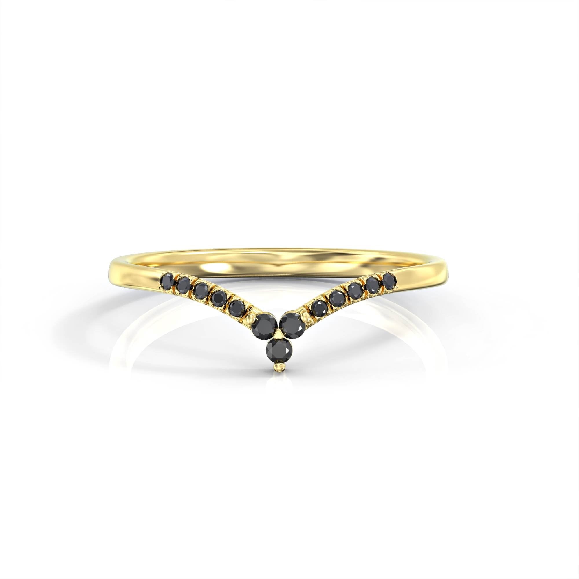 White tadpole ring - V ring studded with black diamonds 