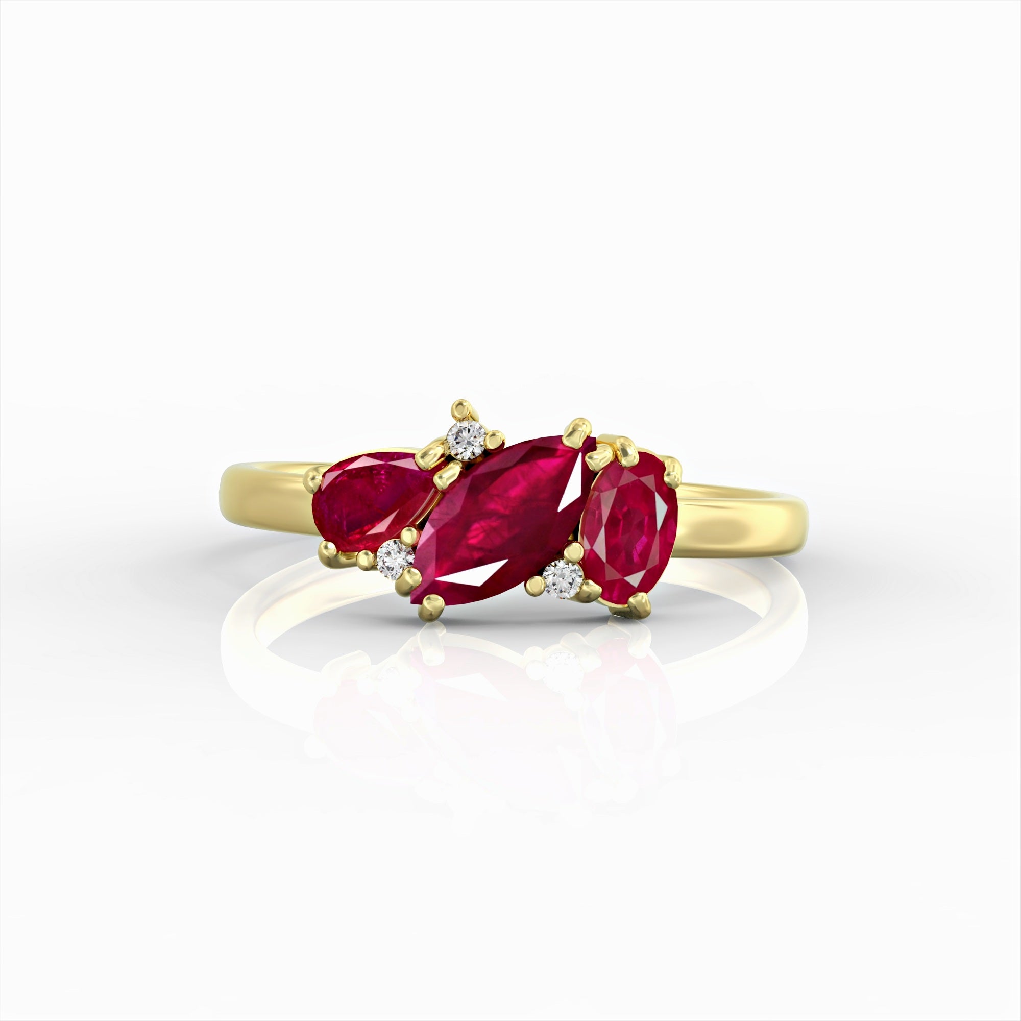 Kan ring - a cluster ring set with marquise, oval, drop and diamond rubies