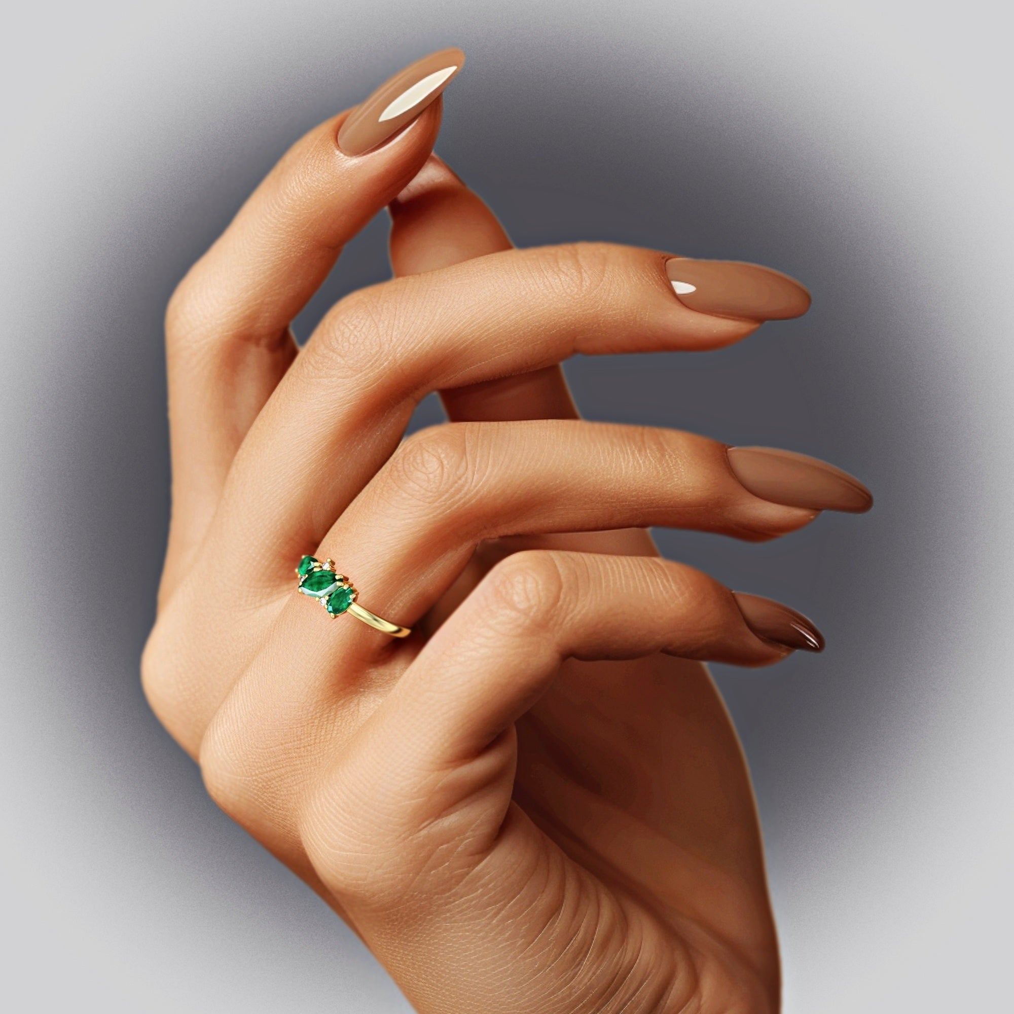 Kan ring - cluster ring set with marquise emerald, oval, drop and diamonds