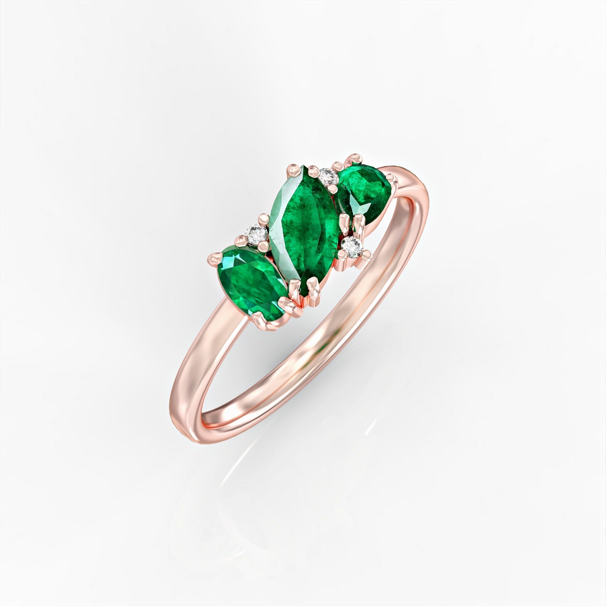 Kan ring - cluster ring set with marquise emerald, oval, drop and diamonds