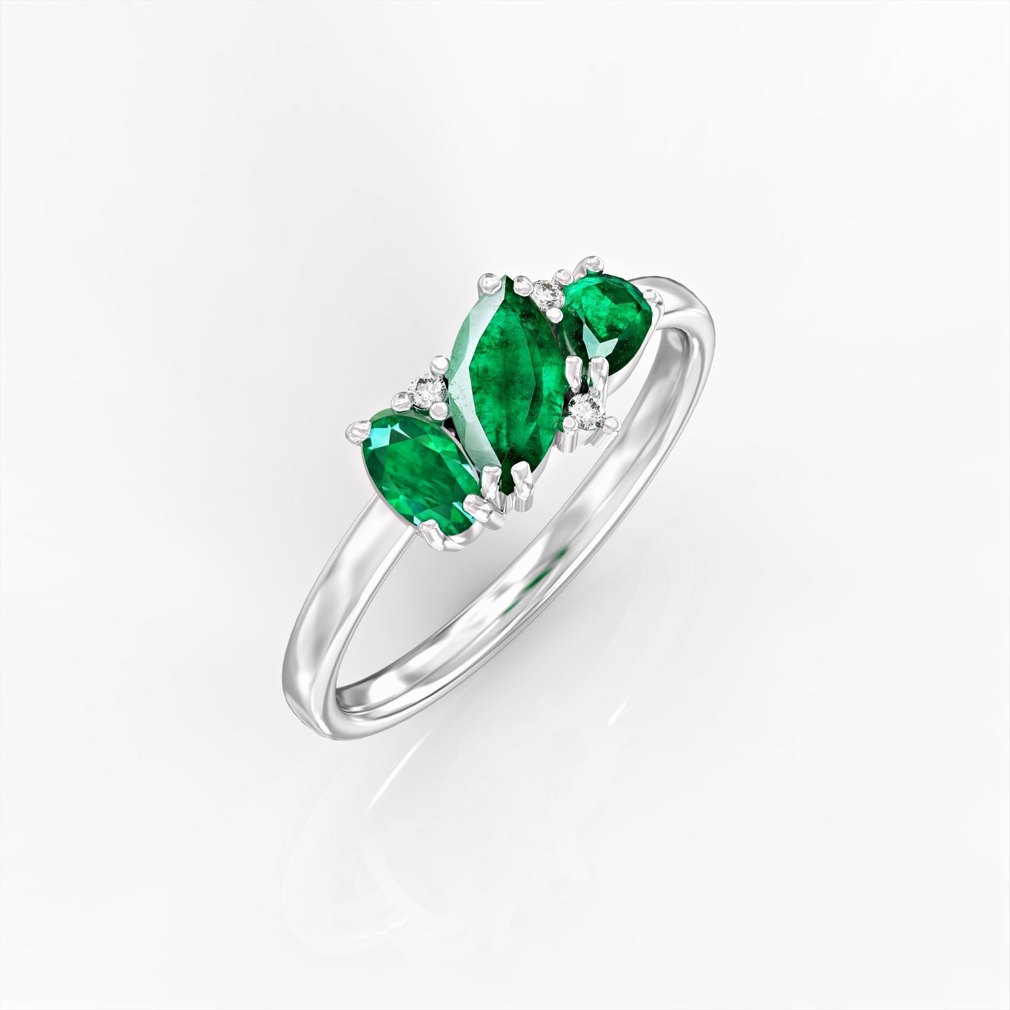 Kan ring - cluster ring set with marquise emerald, oval, drop and diamonds