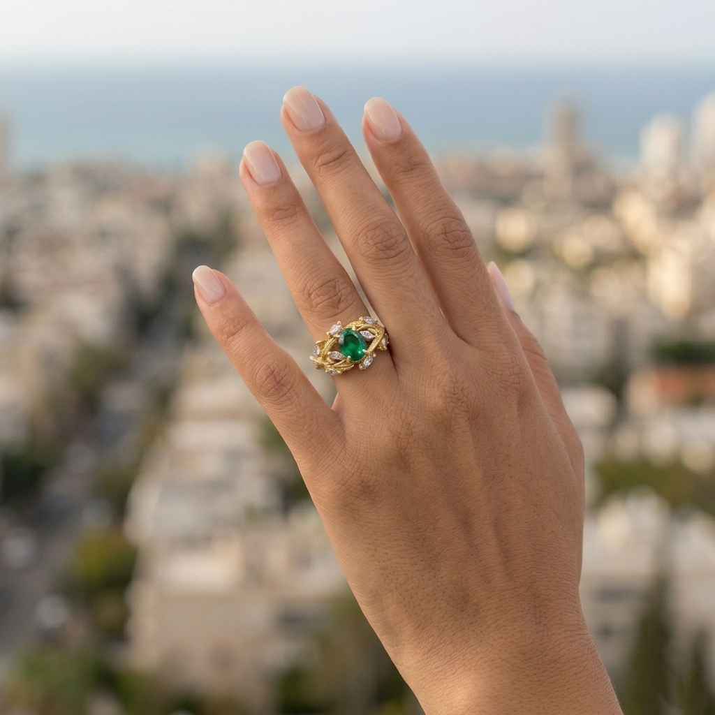 טבעת לוטם - טבעת ענפים עם אבן אמרלד אובלית ויהלומי מרקיזה