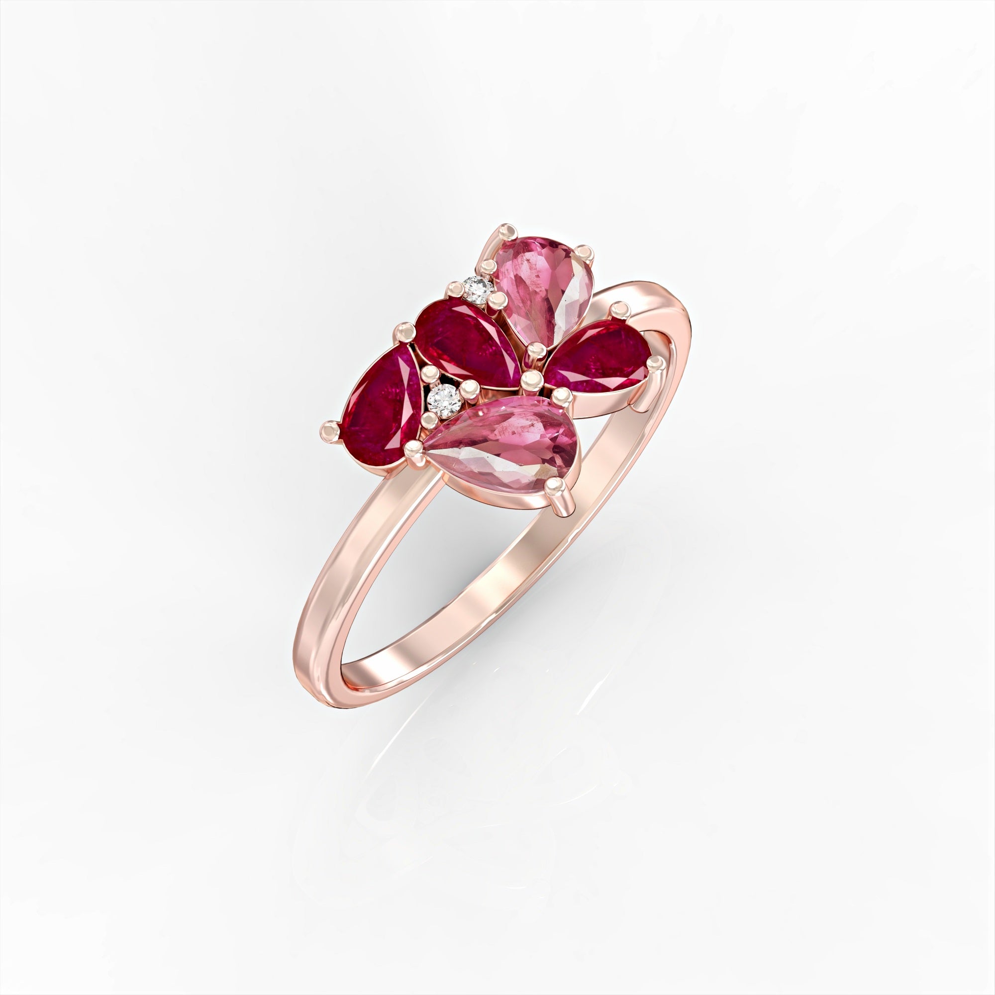 Scholarship ring - a cluster ring set with oval rubies, drop morganite and diamonds 