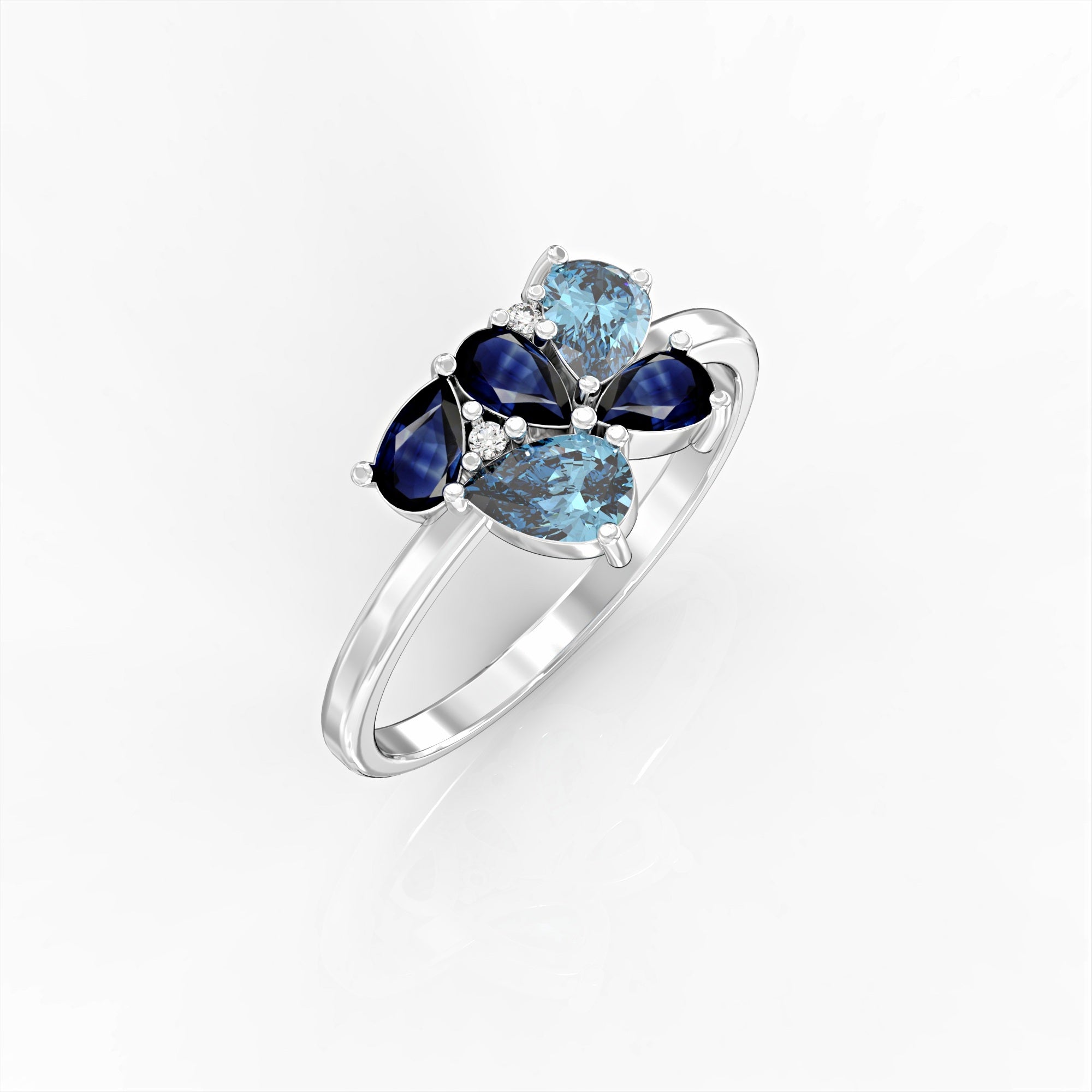 Scholarship ring - a cluster ring set with a drop of sapphire and aquamarine and diamonds 