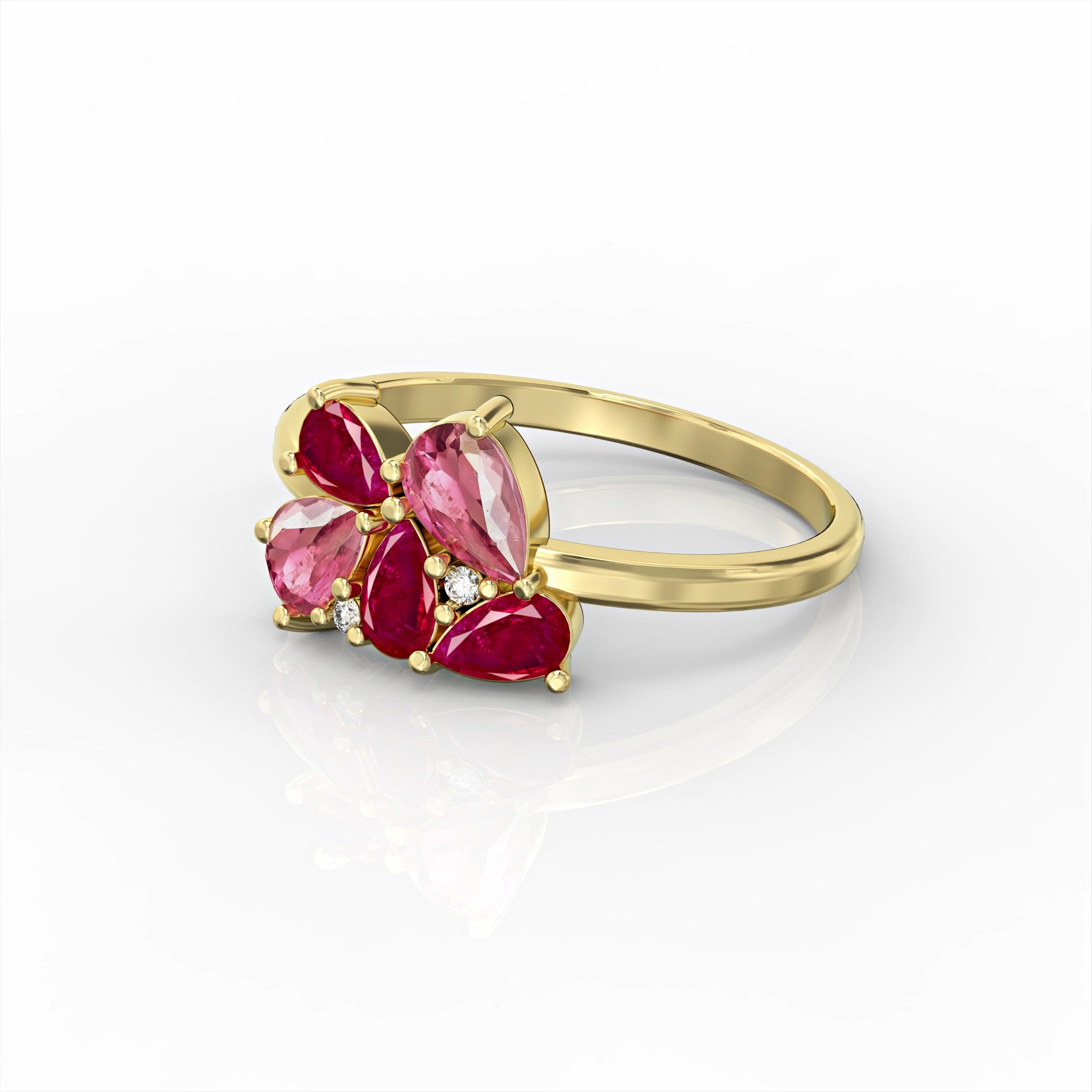 Scholarship ring - a cluster ring set with oval rubies, drop morganite and diamonds 