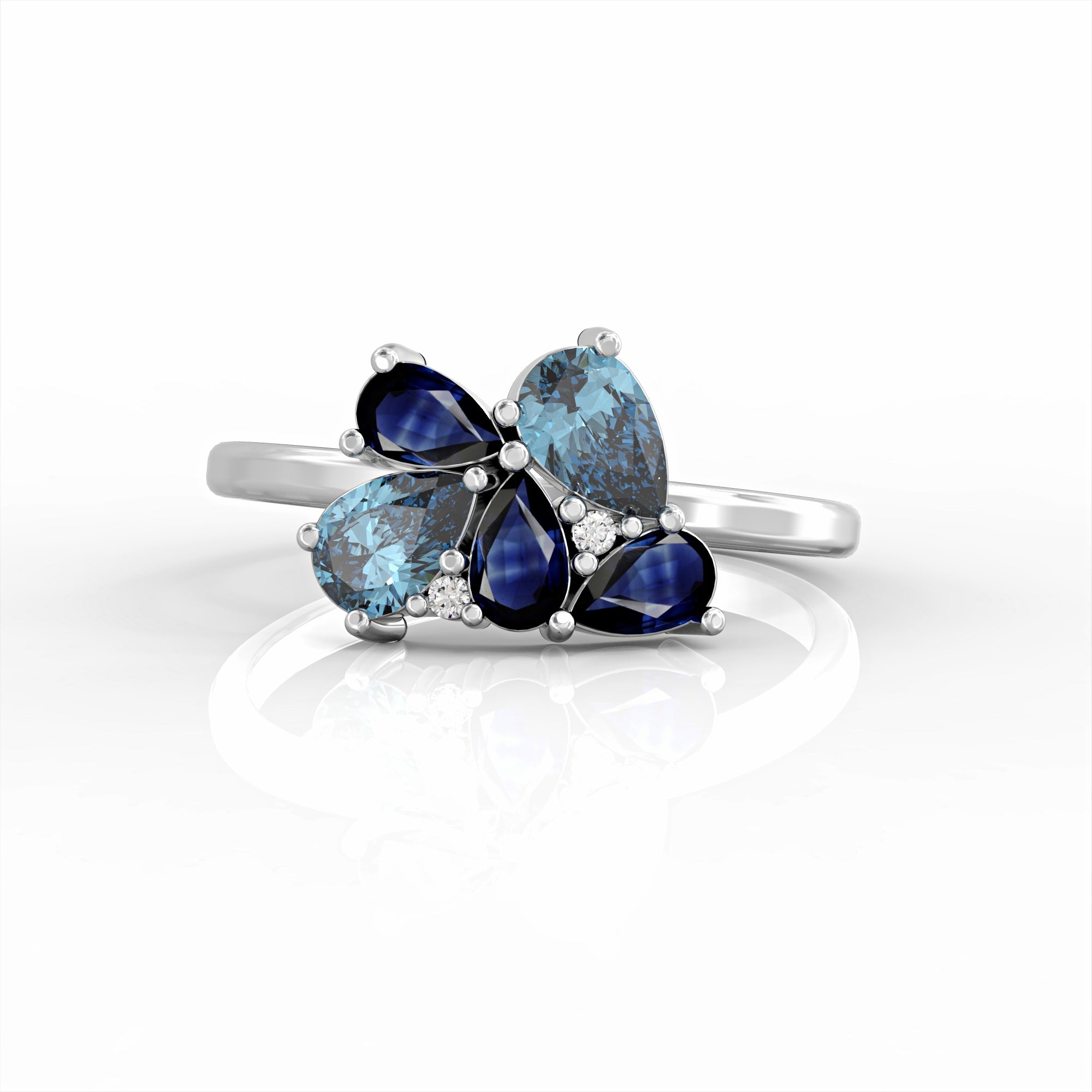 Scholarship ring - a cluster ring set with a drop of sapphire and aquamarine and diamonds 