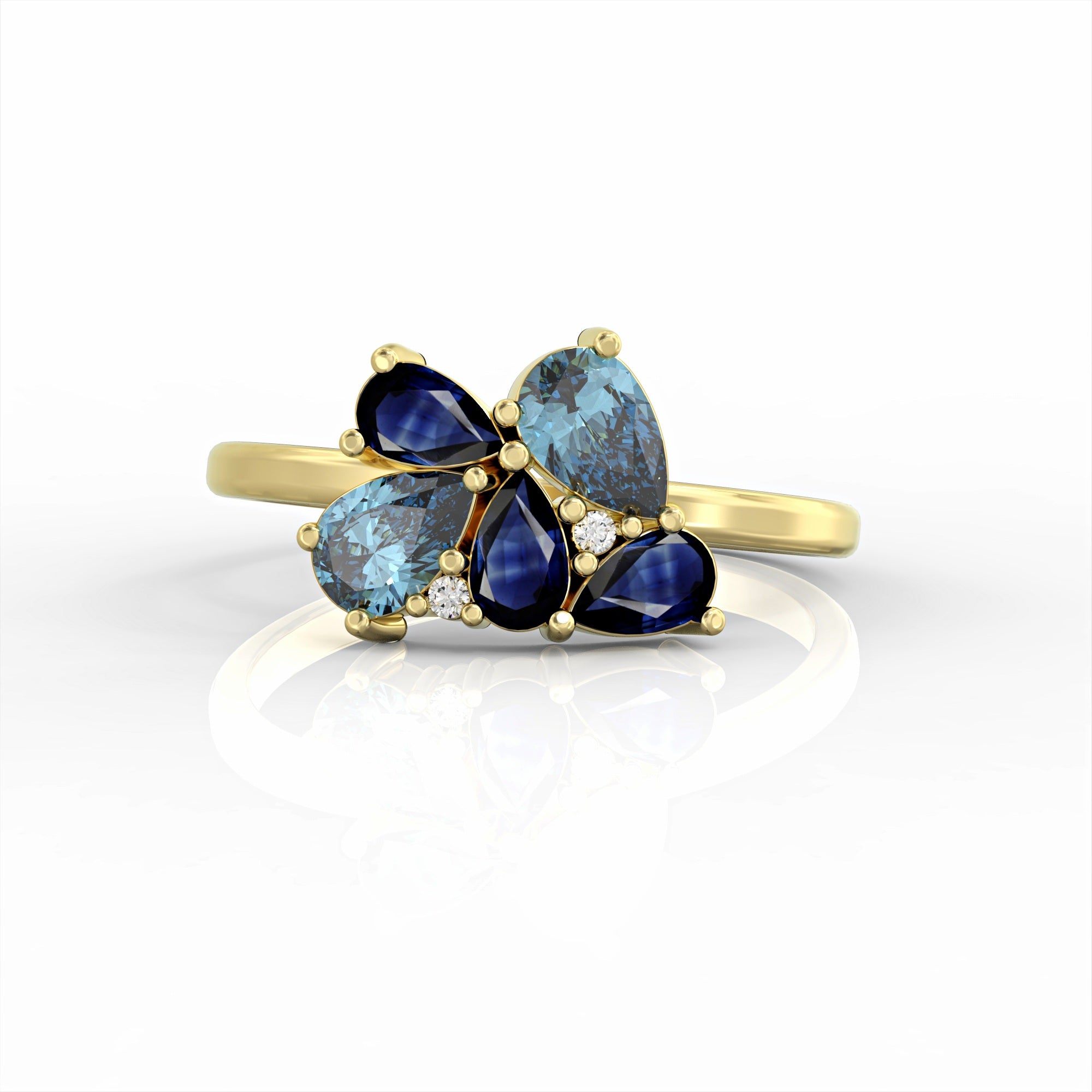 Scholarship ring - a cluster ring set with a drop of sapphire and aquamarine and diamonds 