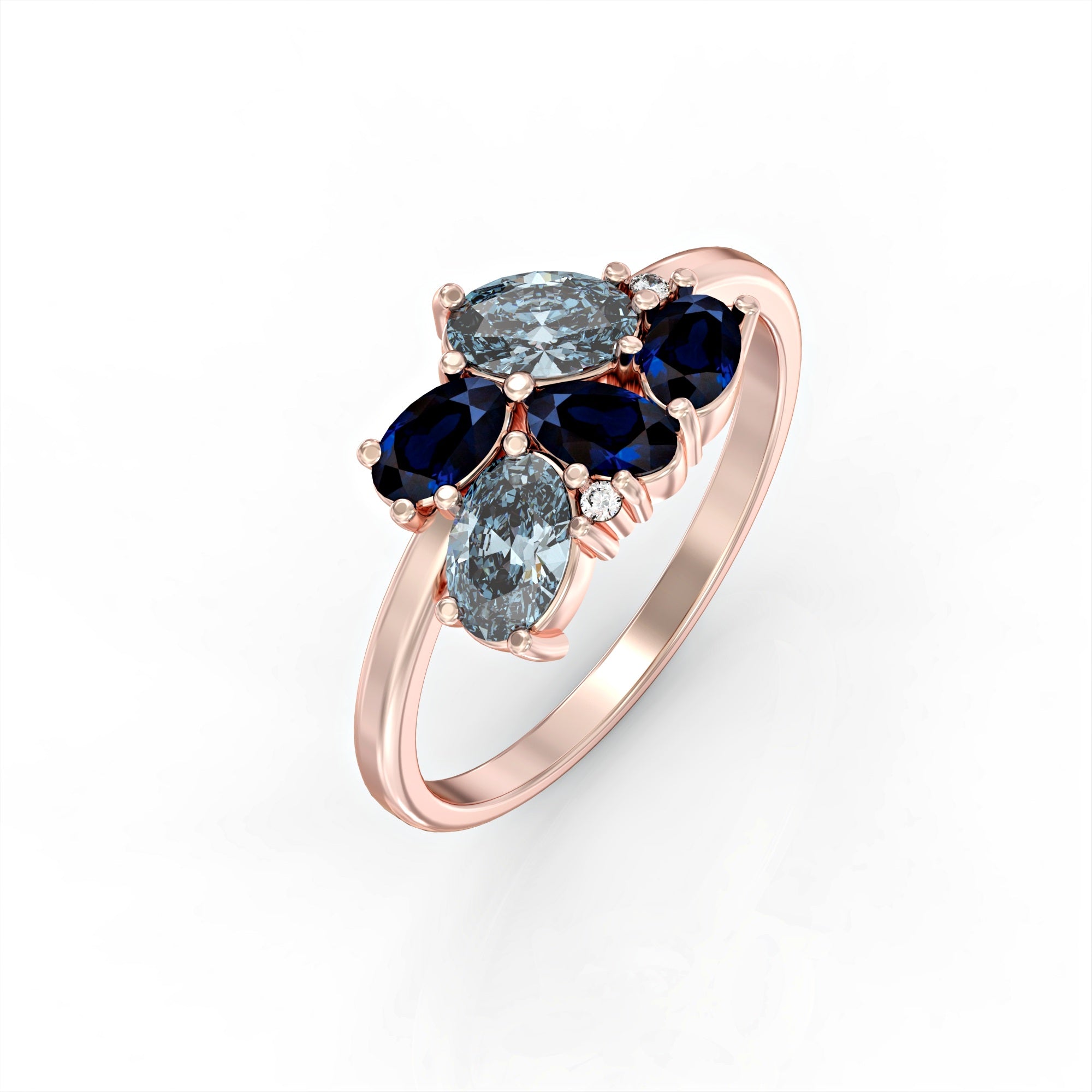 Majorca ring - a cluster ring set with an oval sapphire, a drop of aquamarine and diamonds