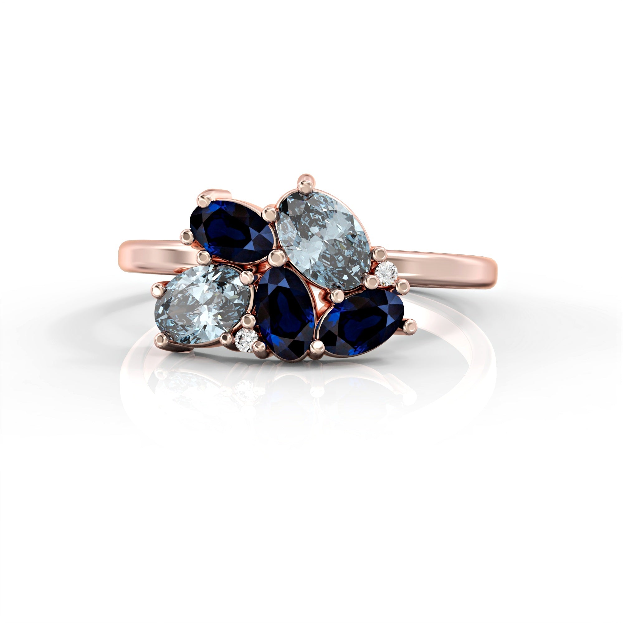 Majorca ring - a cluster ring set with an oval sapphire, a drop of aquamarine and diamonds