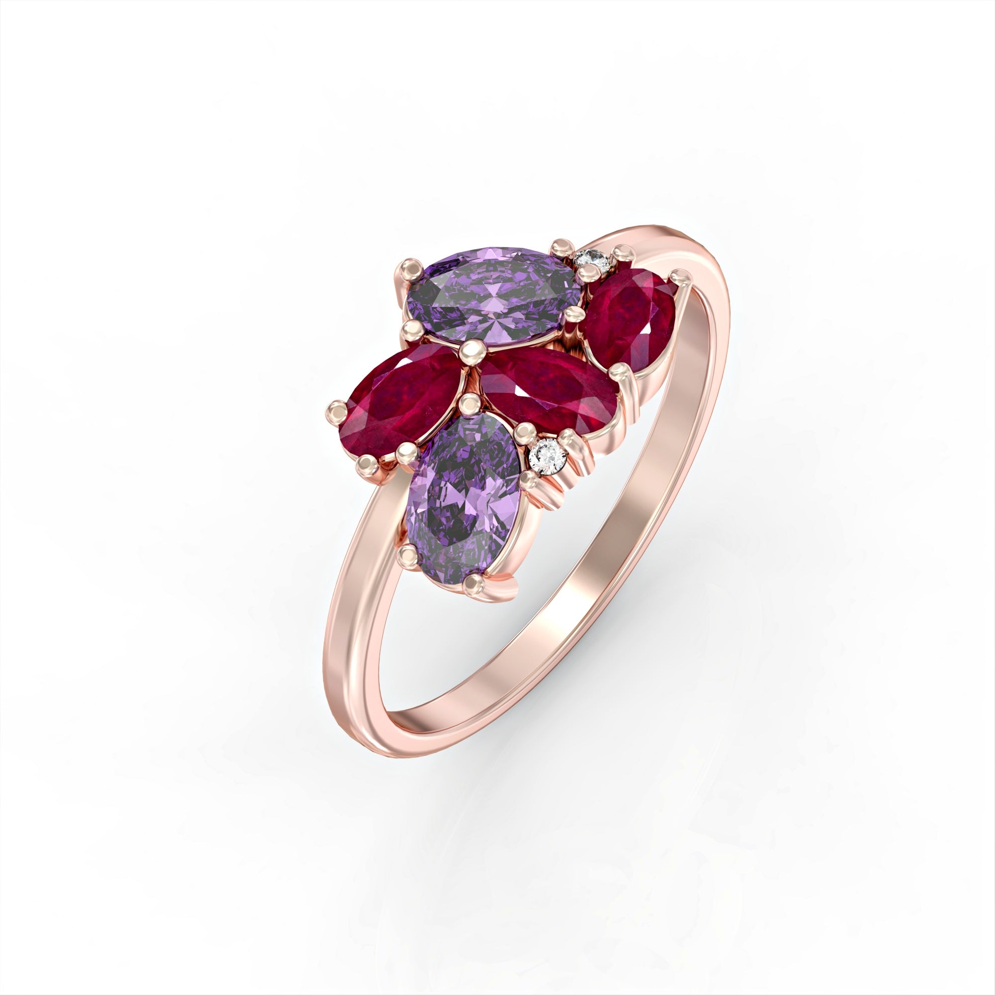 Majorca ring - a cluster ring set with oval rubies, drop morganite and diamonds