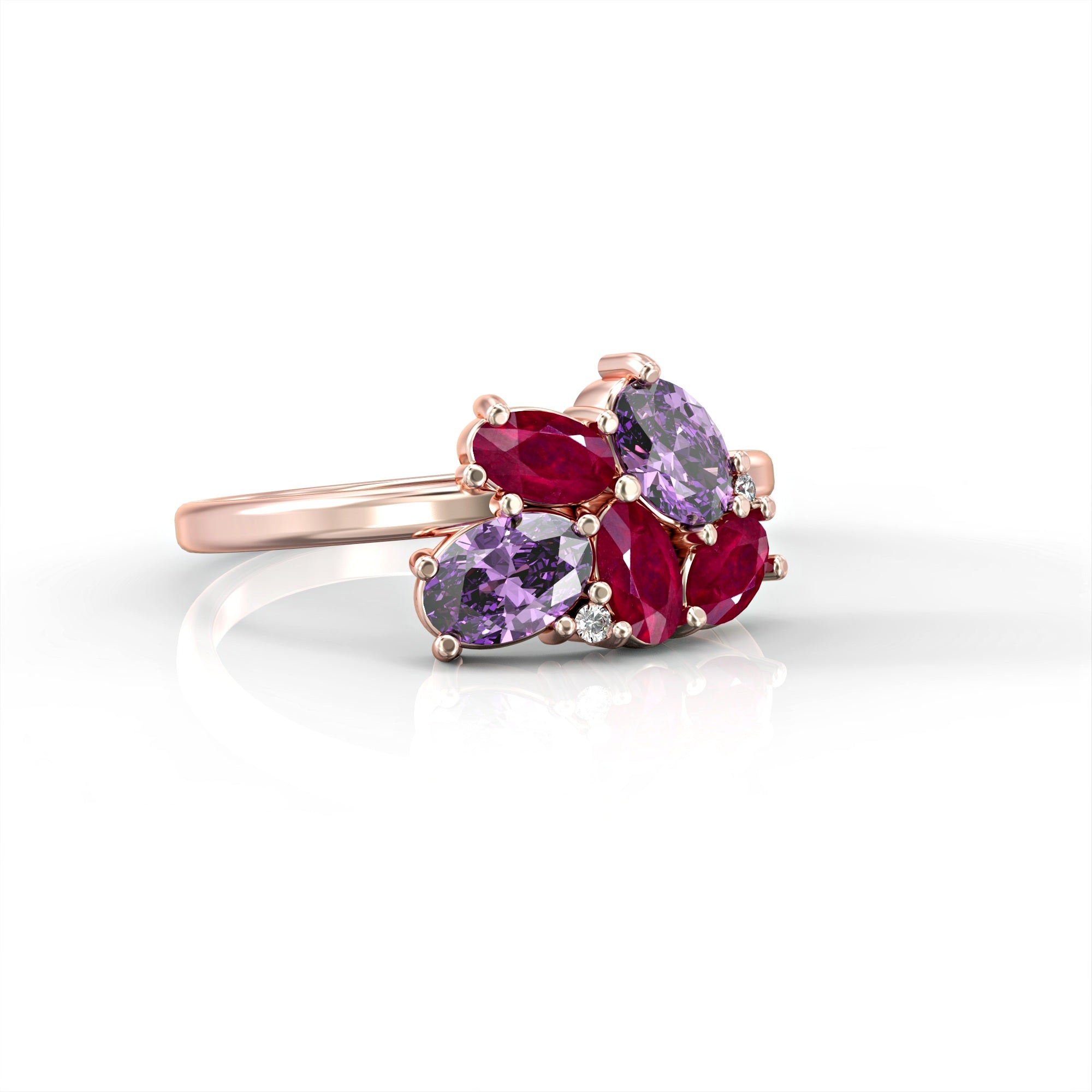 Majorca ring - a cluster ring set with oval rubies, drop morganite and diamonds