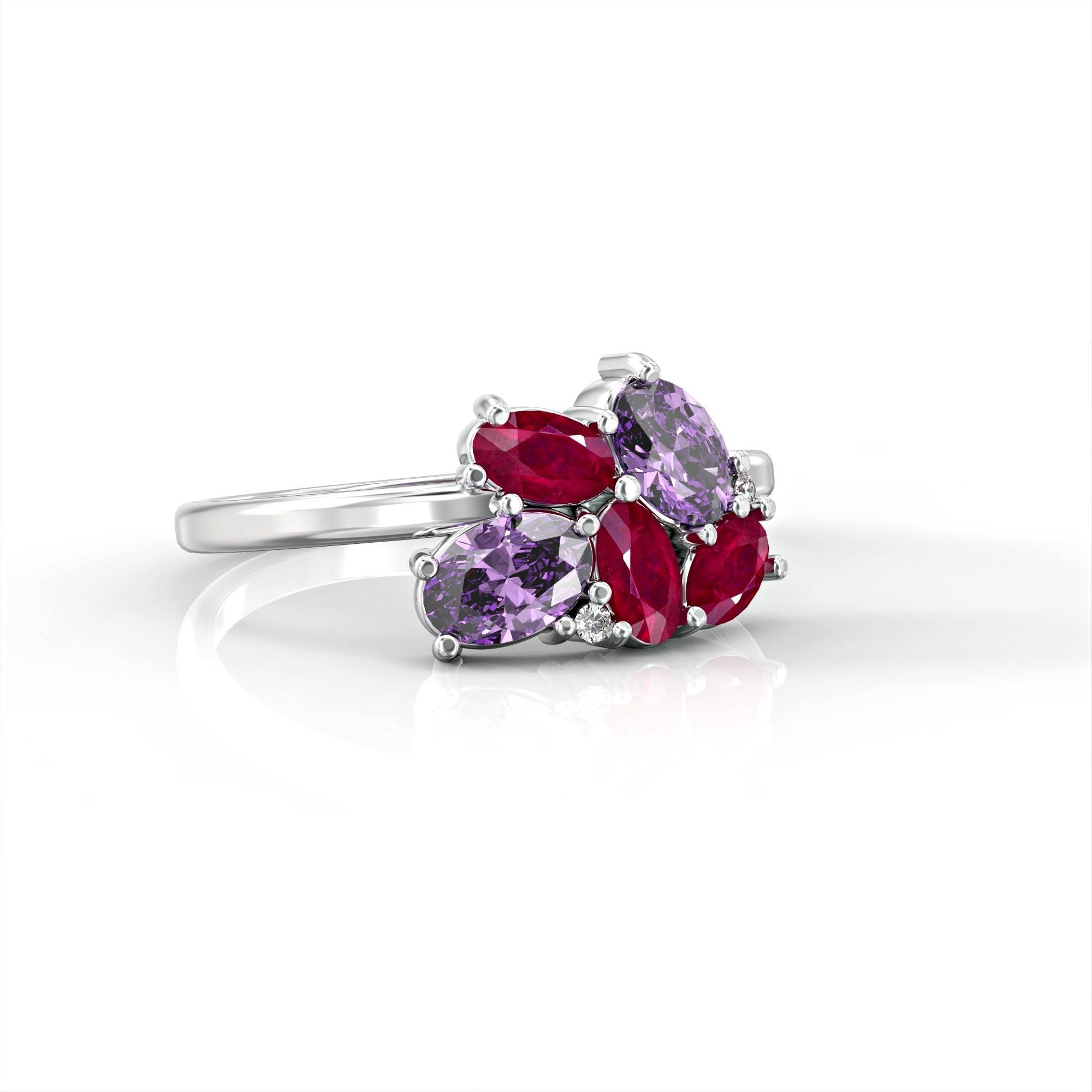 Majorca ring - a cluster ring set with oval rubies, drop morganite and diamonds