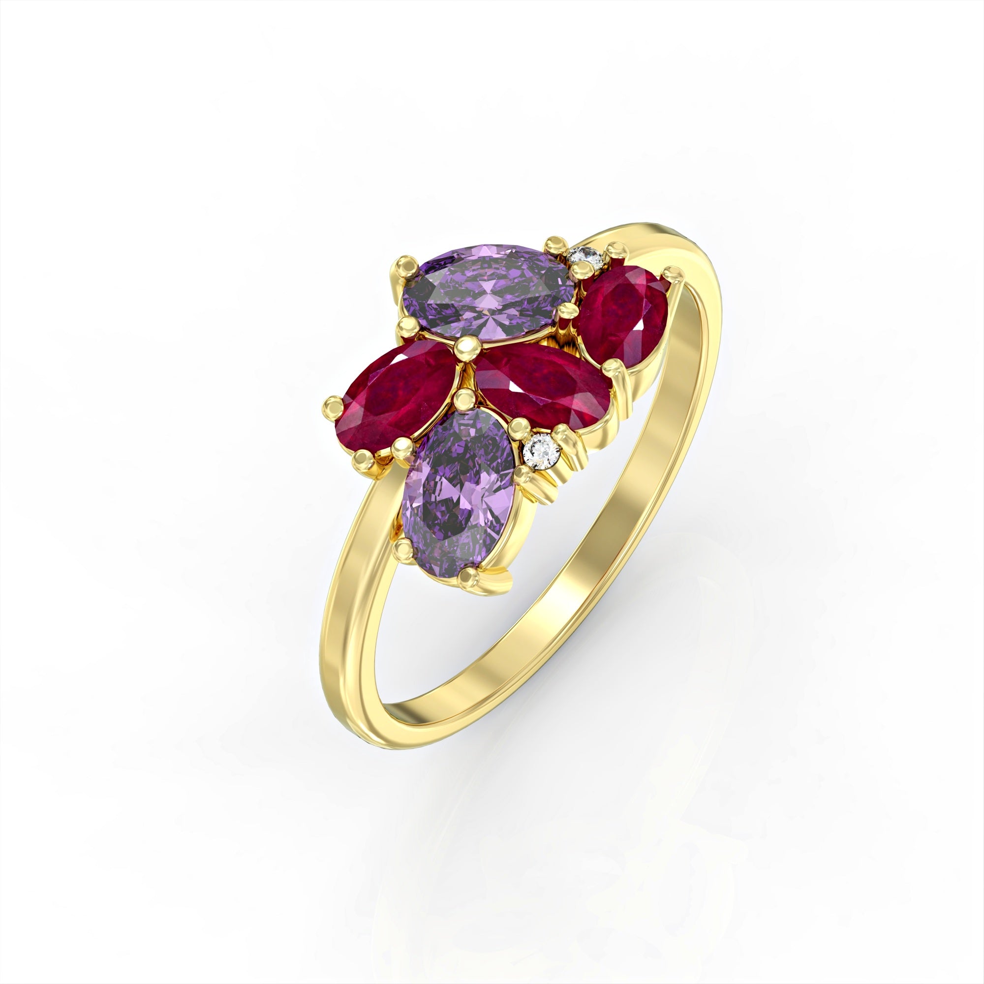 Majorca ring - a cluster ring set with oval rubies, drop morganite and diamonds