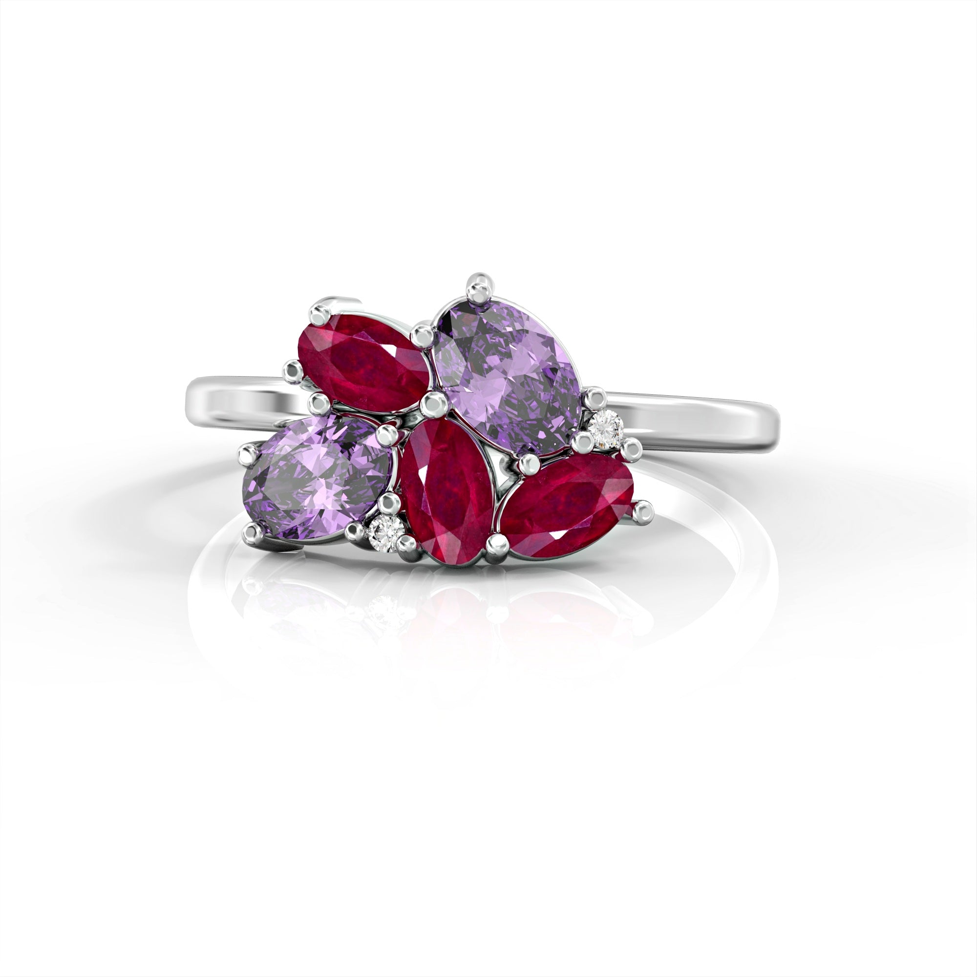 Majorca ring - a cluster ring set with oval rubies, drop morganite and diamonds