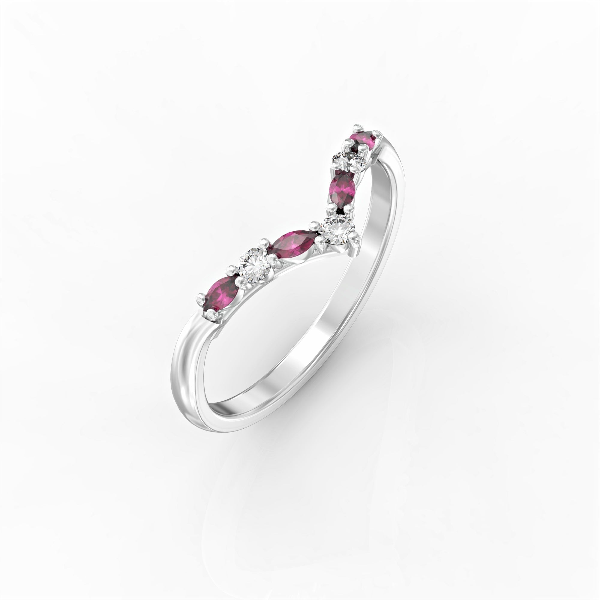 Victory V ring set with diamonds and natural rubies 