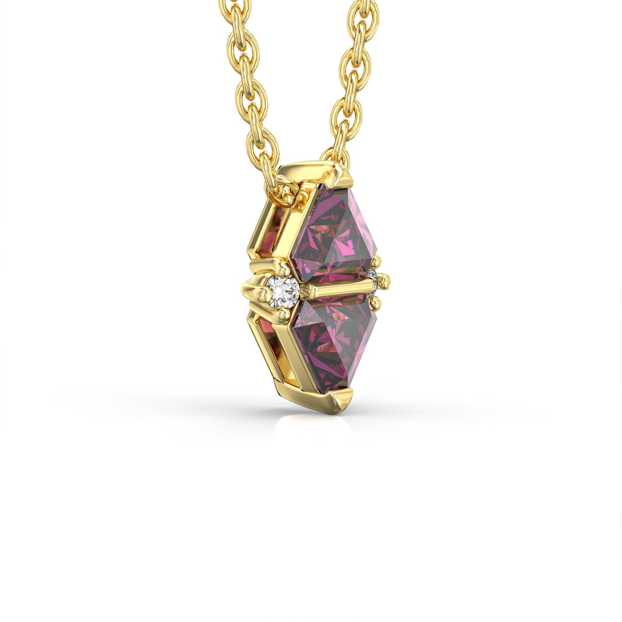 "Nugget" necklace with triangular pendant - rhodolite and diamonds