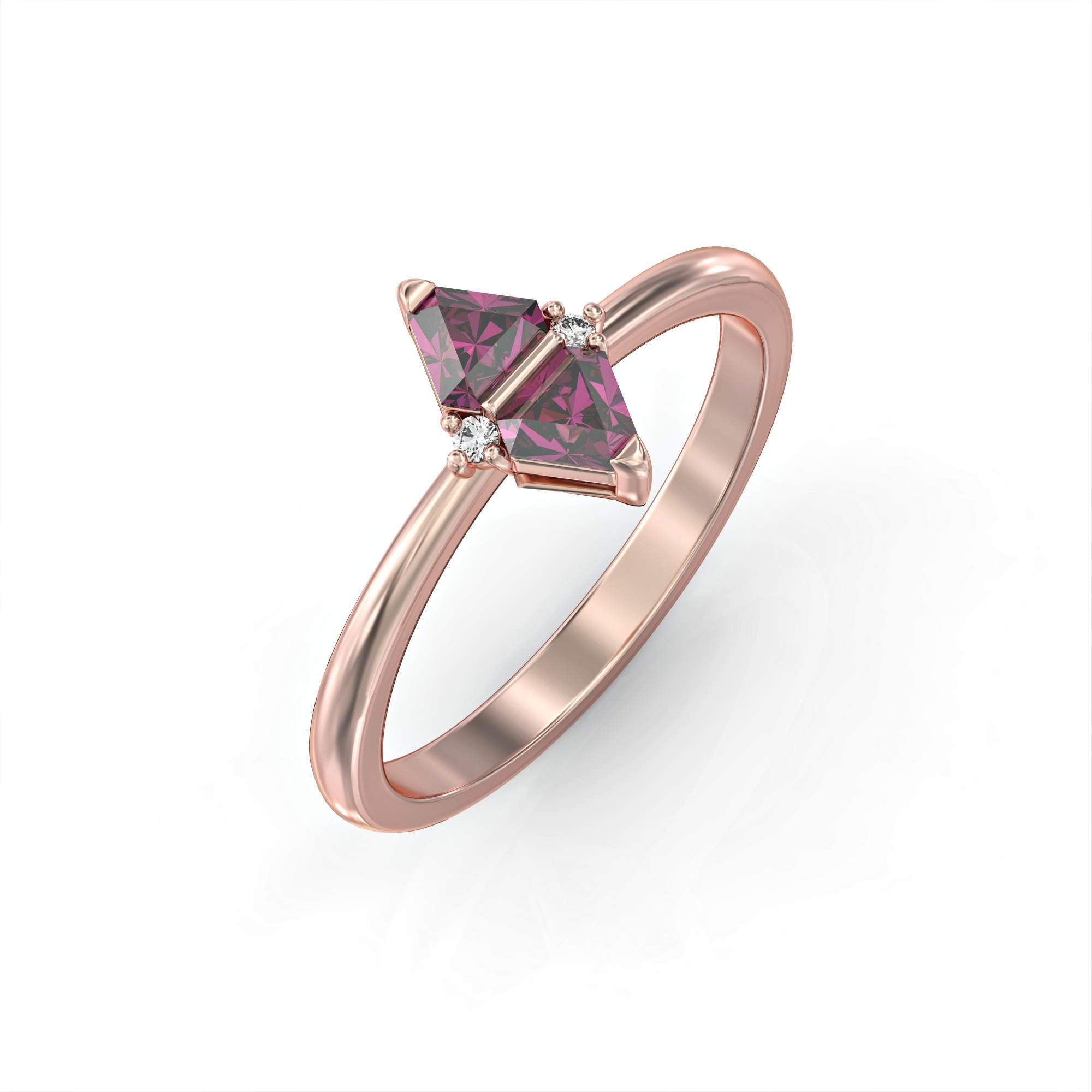 Triangle "nougat" ring - rhodolite and diamonds 