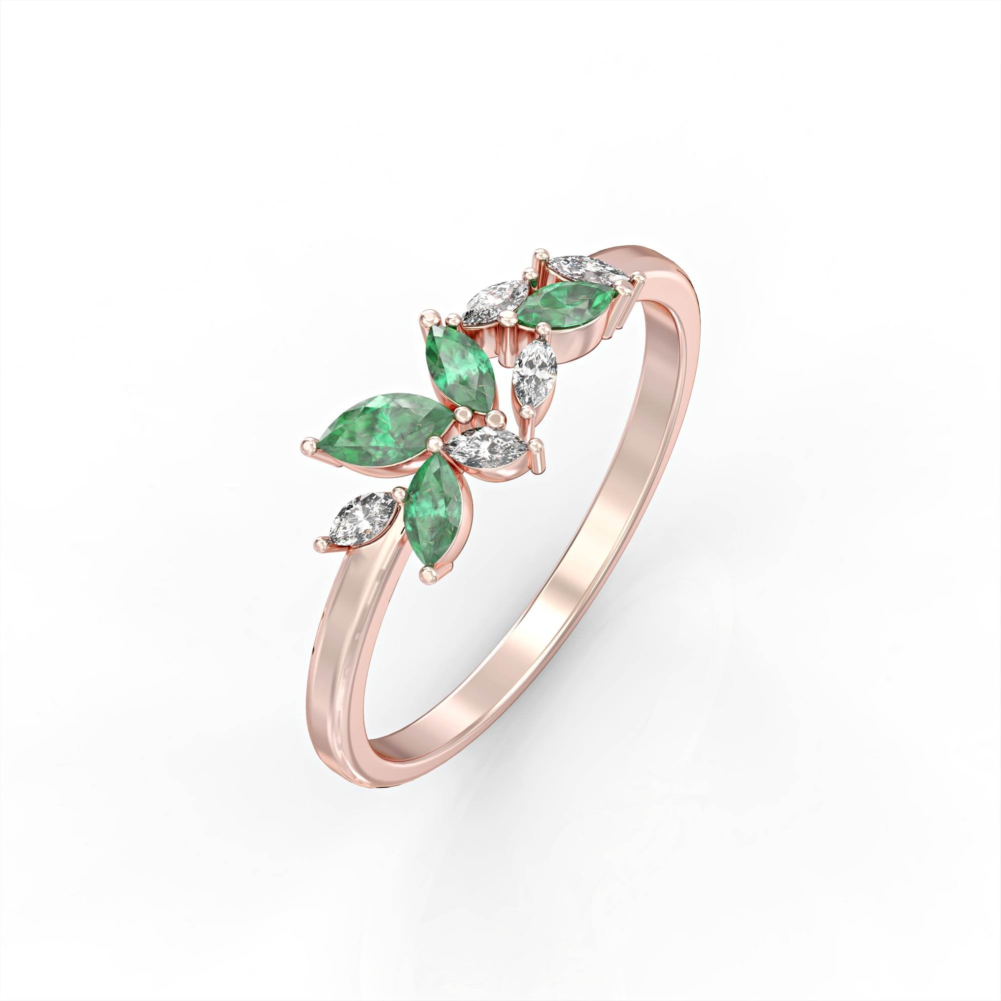 Santorini ring - marquise cluster ring set with diamonds and emeralds 