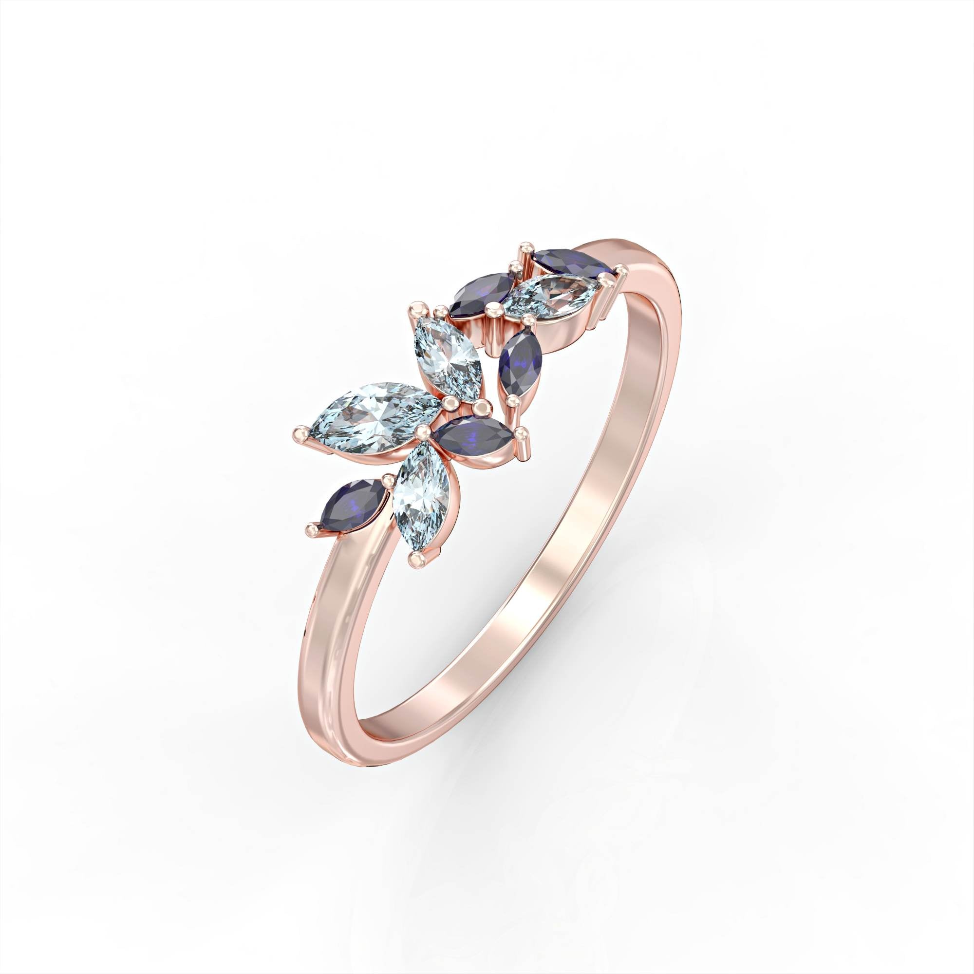 Santorini ring - marquise cluster ring set with sapphire and aquamarine 