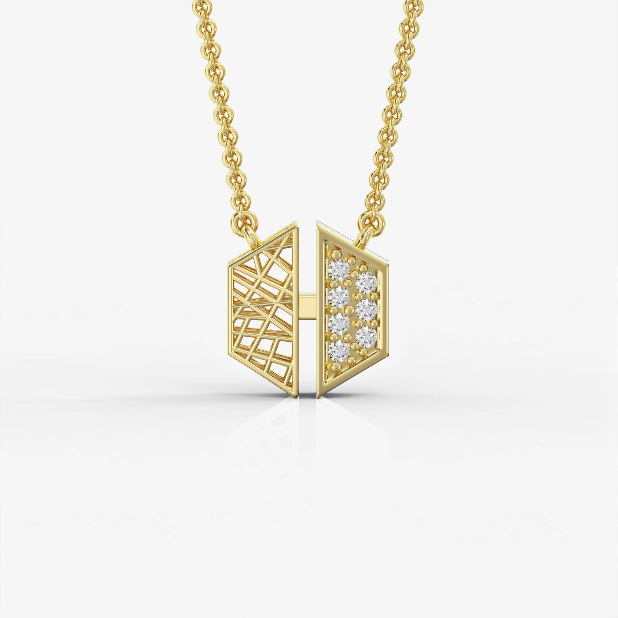 "Contrast" hexagonal necklace - gold mesh pendant studded with diamonds 