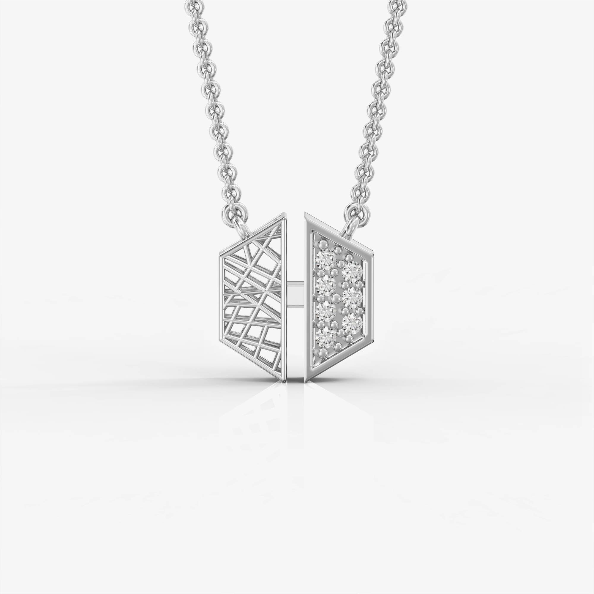 "Contrast" hexagonal necklace - gold mesh pendant studded with diamonds 