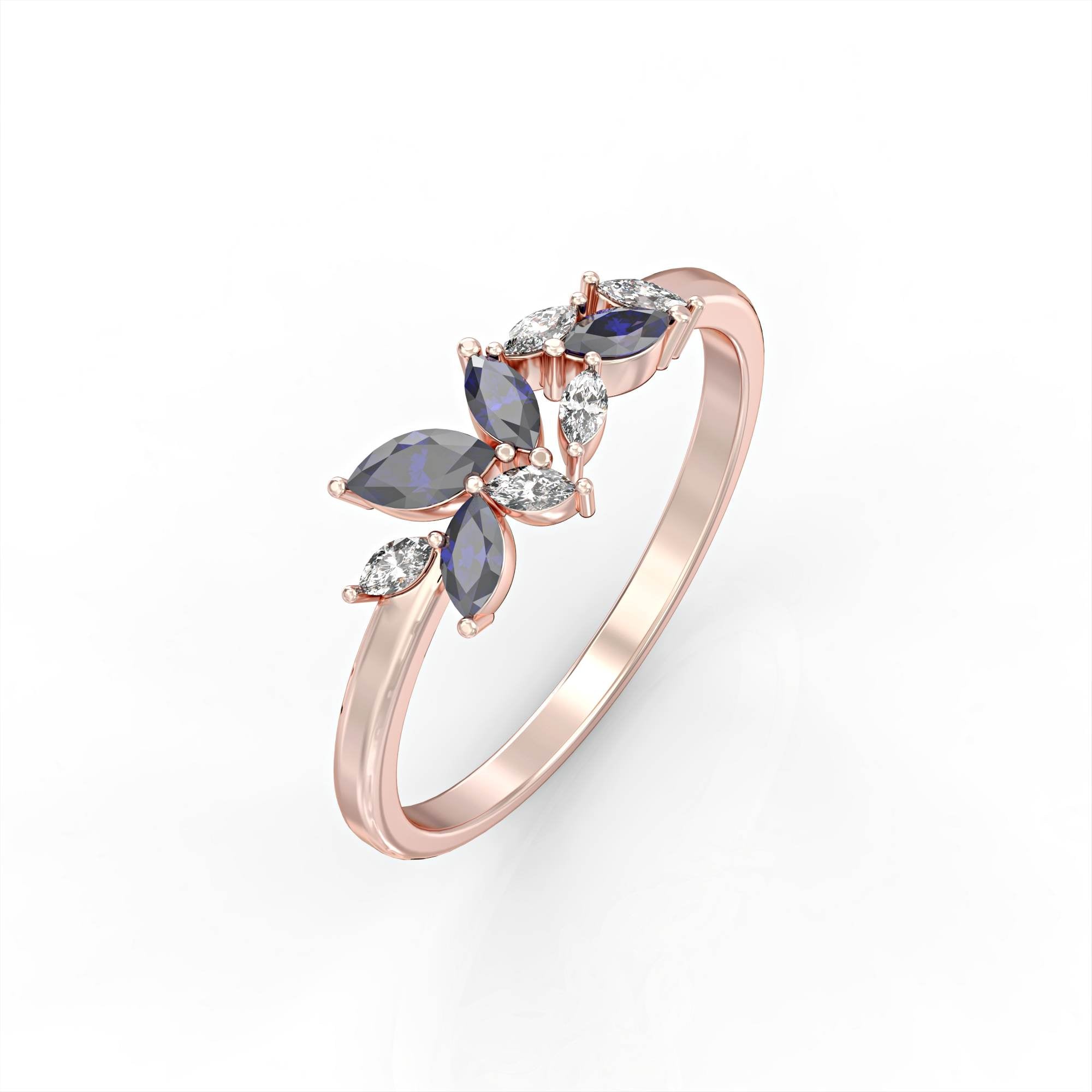 Santorini ring - marquise cluster ring set with diamonds and sapphires