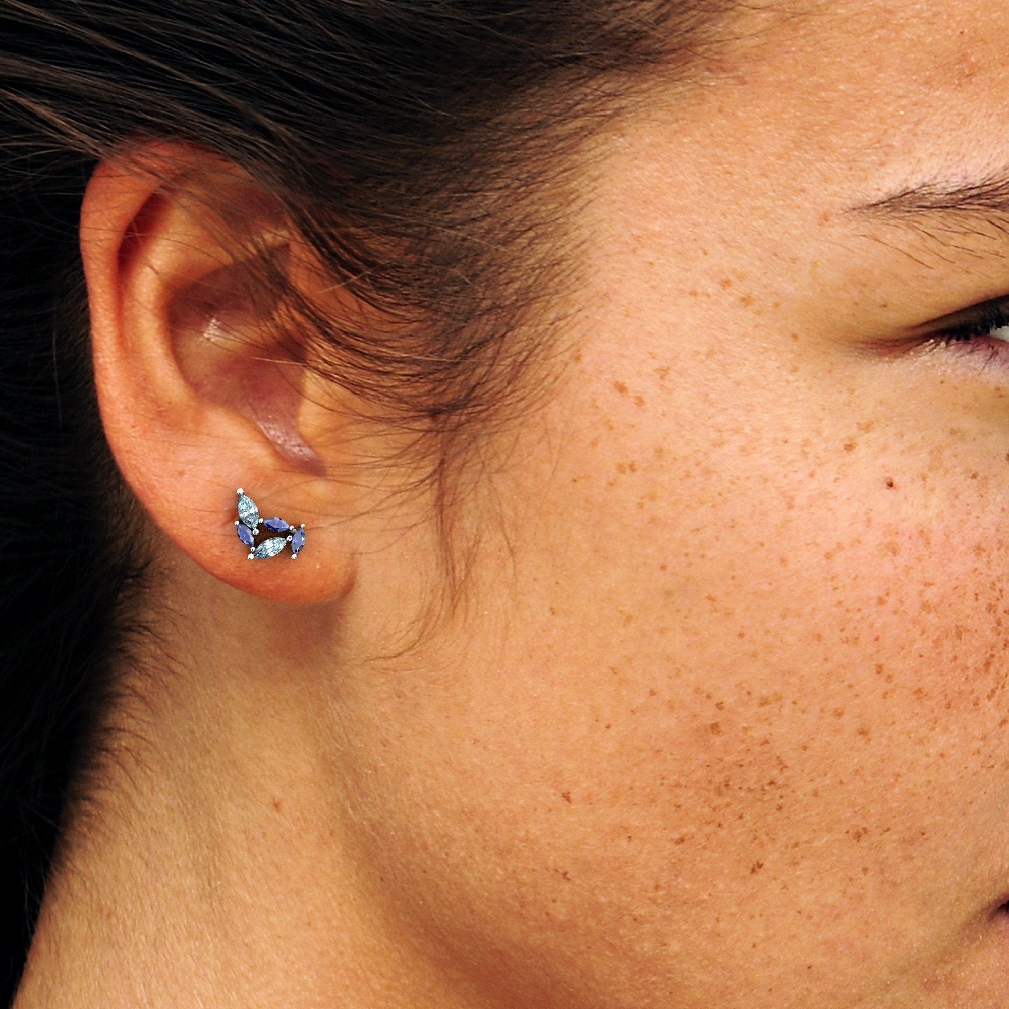 Cluster Sapphire & Aquamarine earrings | Minimalist Diamond studs | Dainty Cluster Earrings | Multi Stone Gold Studs | 14k Cluster Earrings