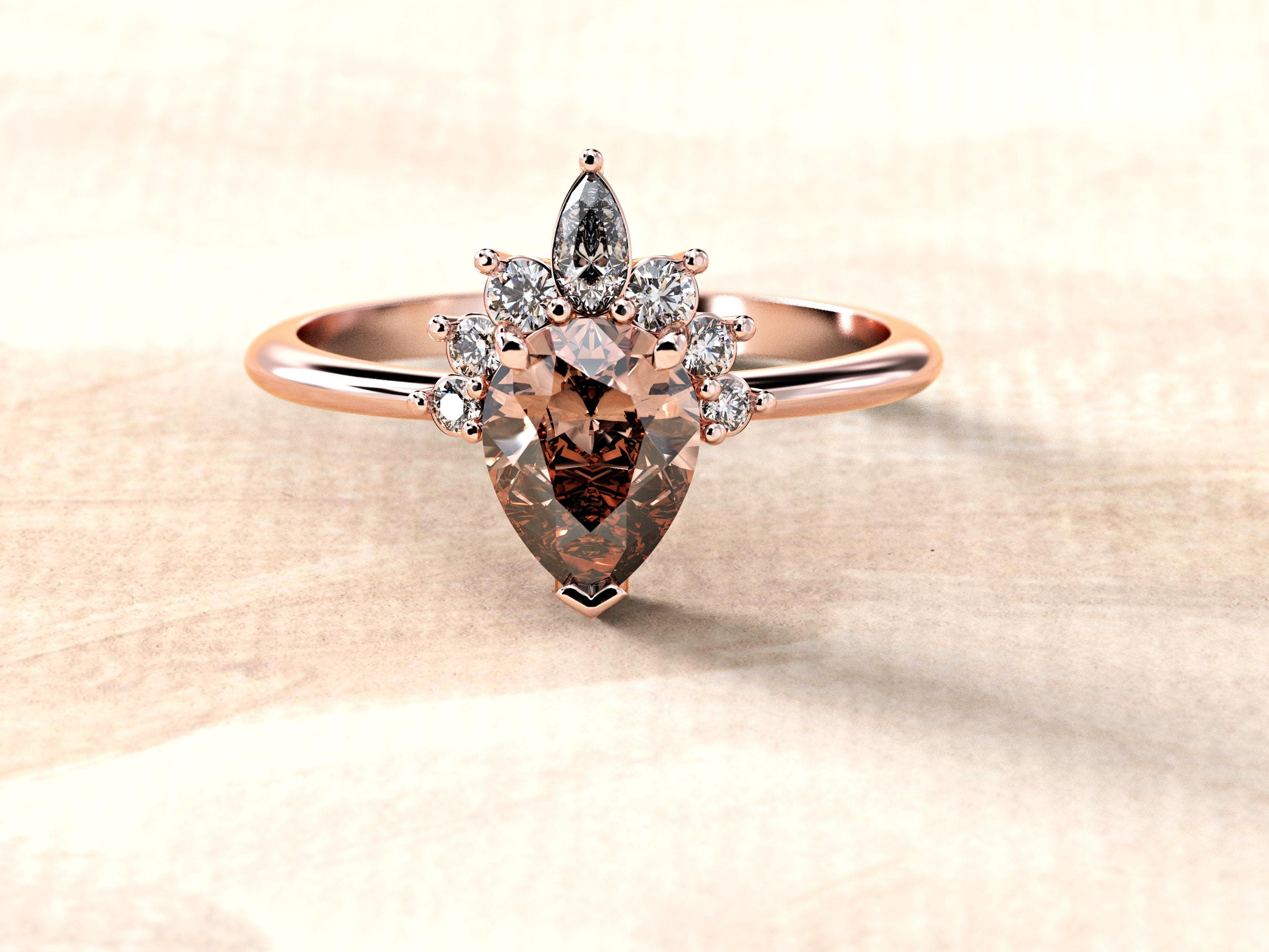 Morganite and Diamonds Engagement Ring | Morganite Wedding Band | Pear & Marquise Dainty Ring | Diamonds Wedding Band | Teardrop Gold Ring