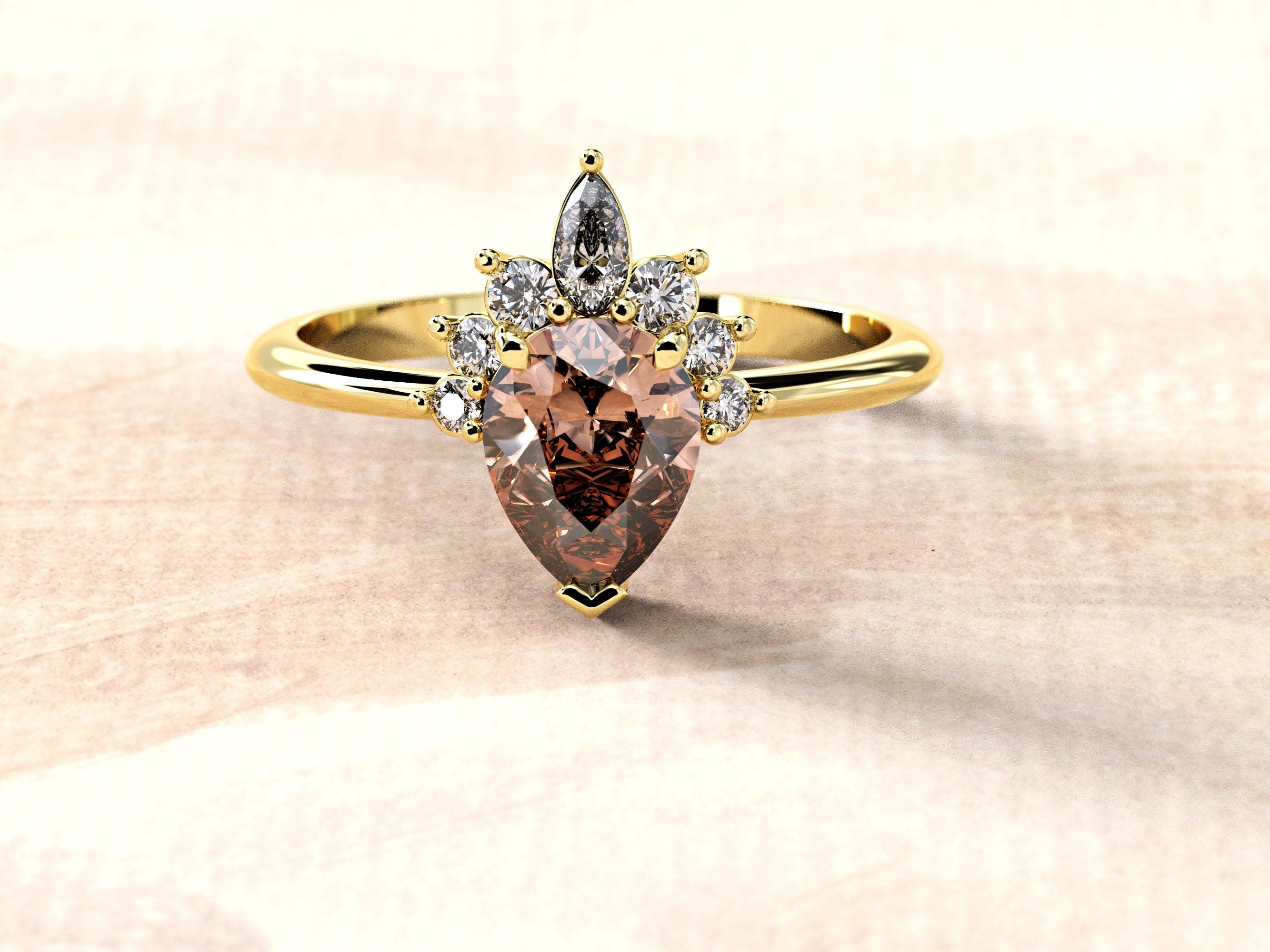 Morganite and Diamonds Engagement Ring | Morganite Wedding Band | Pear & Marquise Dainty Ring | Diamonds Wedding Band | Teardrop Gold Ring