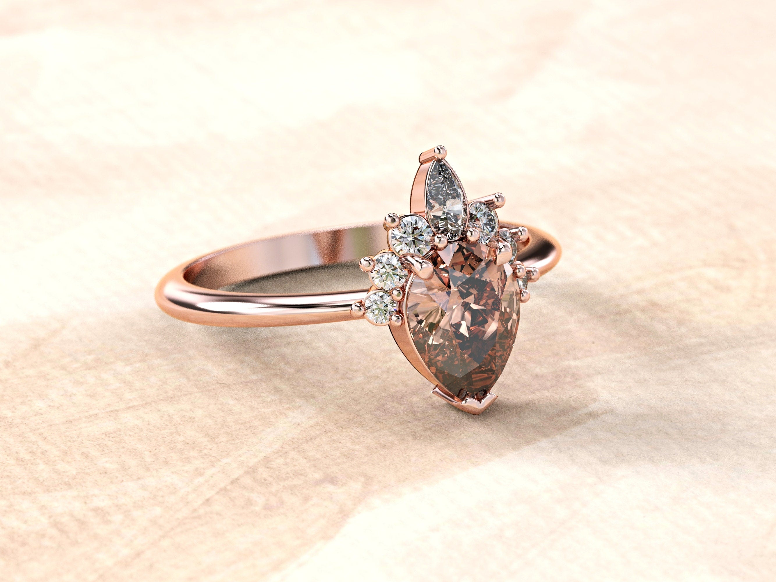 Morganite and Diamonds Engagement Ring | Morganite Wedding Band | Pear & Marquise Dainty Ring | Diamonds Wedding Band | Teardrop Gold Ring