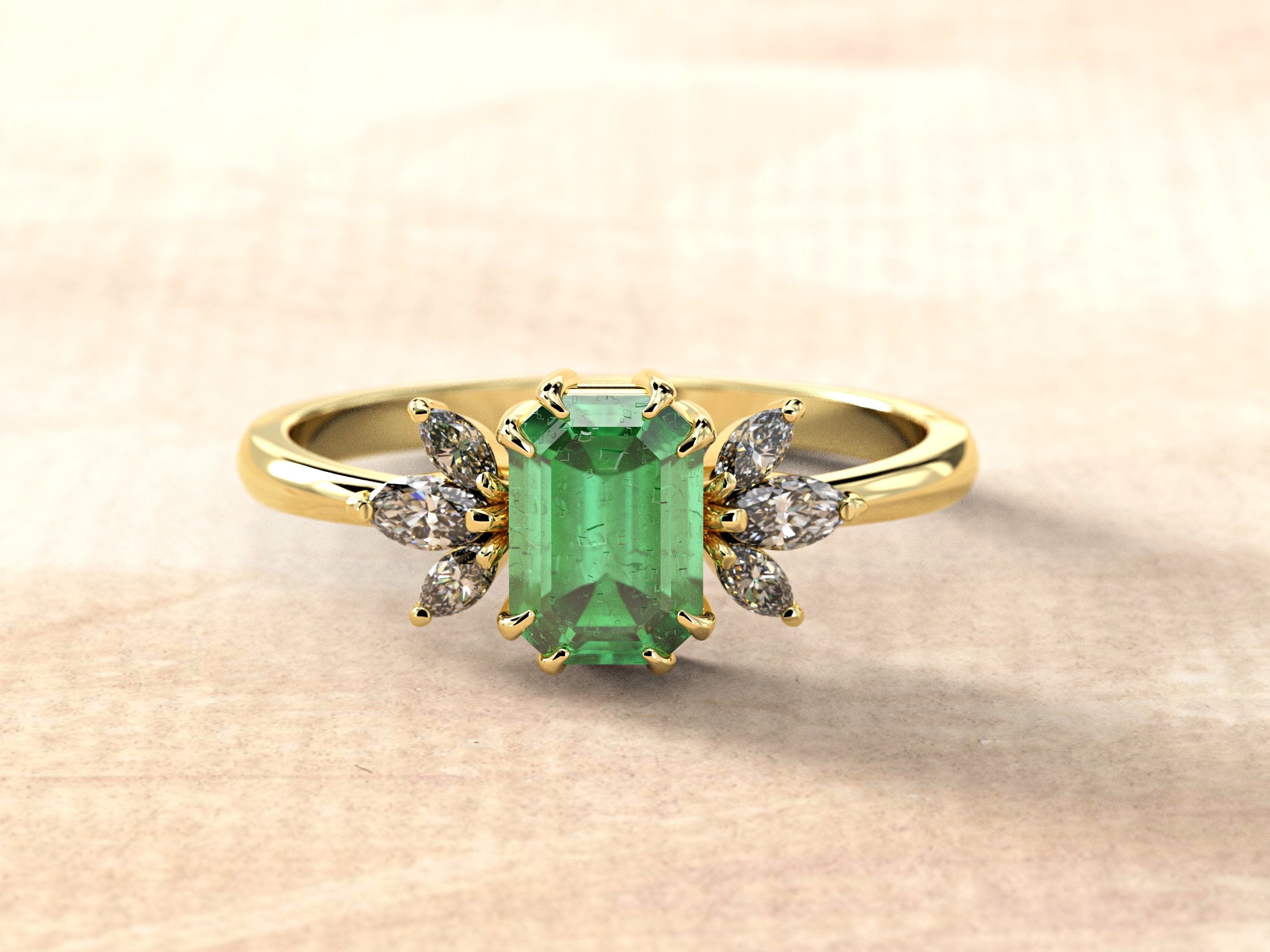 Emerald Engagement Ring | Emerald Baguette Ring | Emerald Wedding Band Gold | Baguette Engagement Ring | Multi-stone Sapphire Baguette Ring