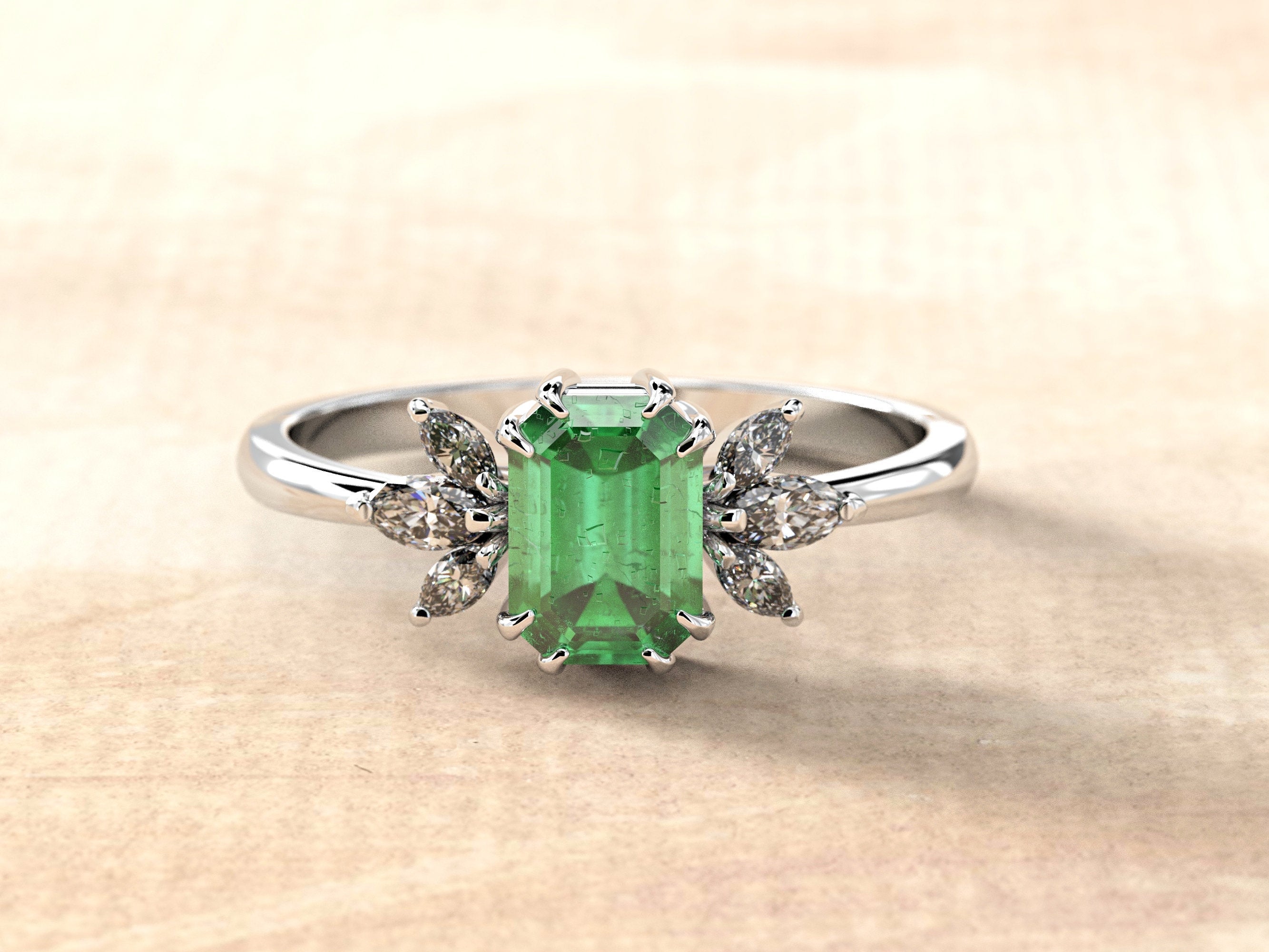 Emerald Engagement Ring | Emerald Baguette Ring | Emerald Wedding Band Gold | Baguette Engagement Ring | Multi-stone Sapphire Baguette Ring