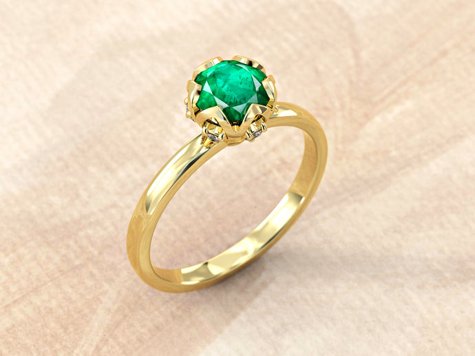 Emerald Engagement Ring | Diamonds & Emerald Wedding Band | Solitaire Emerald Ring | Flower Shape Setting Ring | Minimalist Emerald Ring